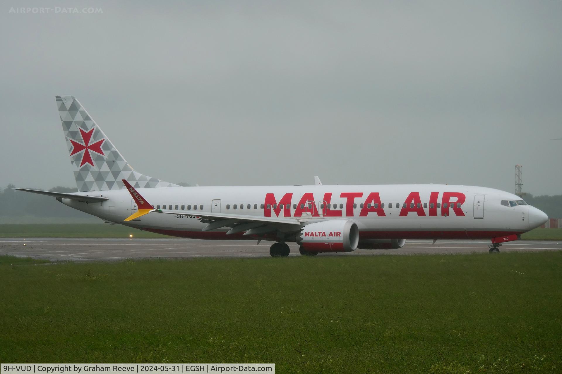 9H-VUD, 2021 Boeing 737-8-200 MAX C/N 65878, Departing from Norwich.
