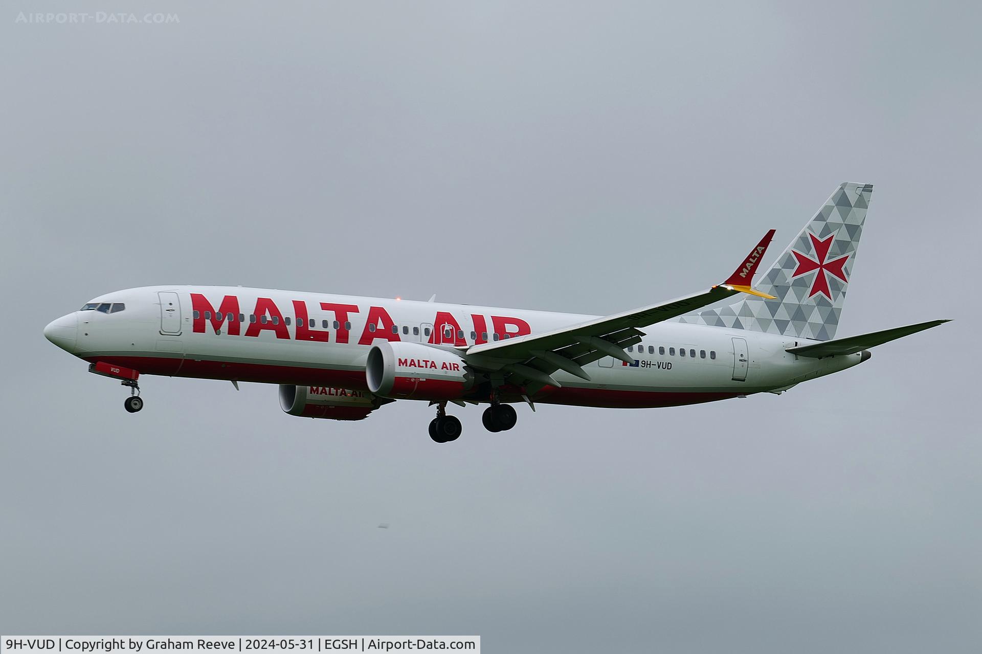 9H-VUD, 2021 Boeing 737-8-200 MAX C/N 65878, Landing at Norwich.