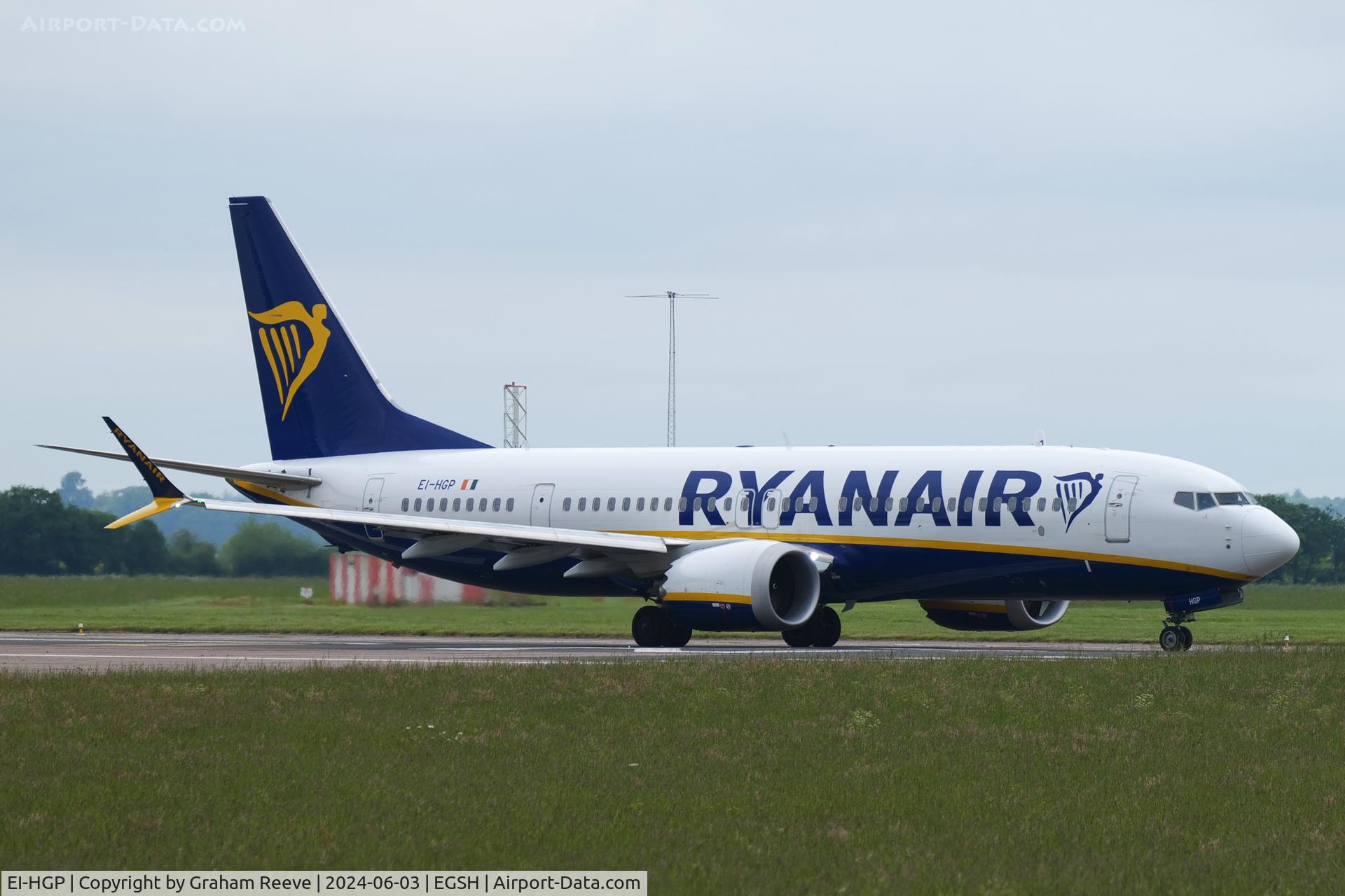 EI-HGP, 2021 Boeing 737-8-200 MAX C/N 62330, Departing from Norwich.