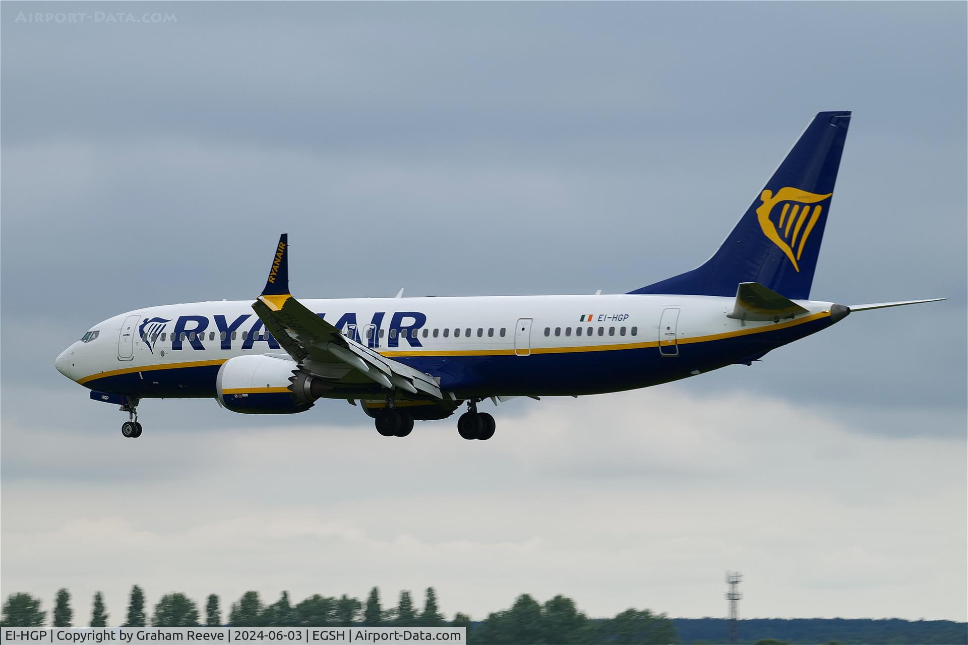 EI-HGP, 2021 Boeing 737-8-200 MAX C/N 62330, Landing at Norwich.