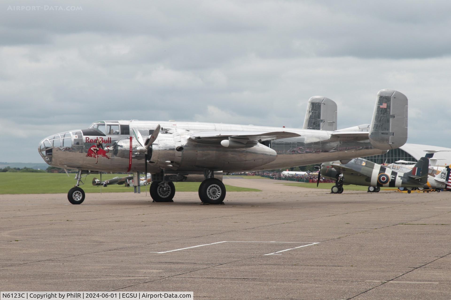N6123C, 1945 North American B-25J-30-NC Mitchell Mitchell C/N 108-47647, N6123C (44-86893) 1945 North American B-25J Mitchell Red Bull D Day Display Duxford 01.06.24 (1)