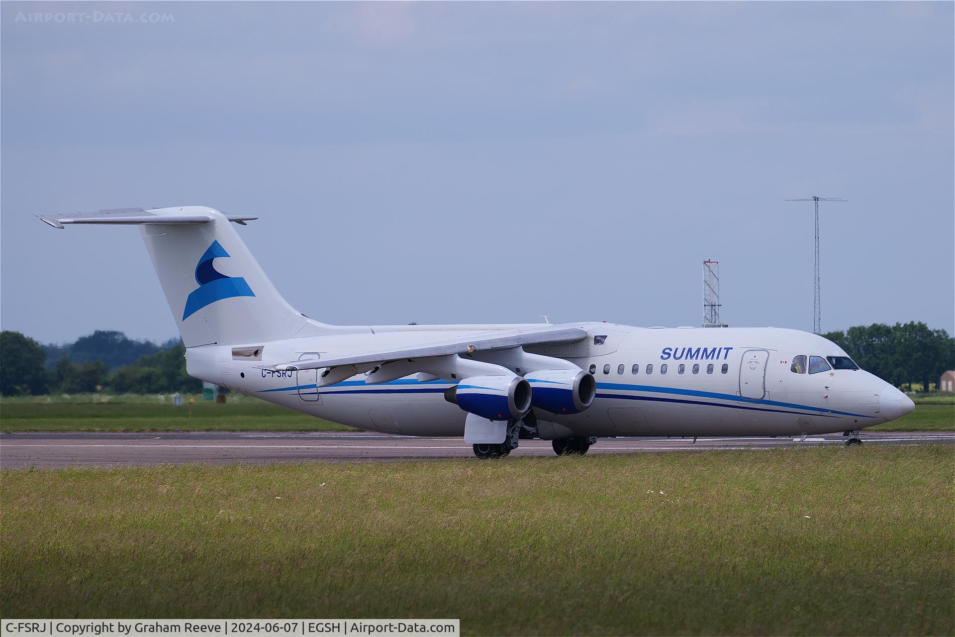 C-FSRJ, 1998 British Aerospace Avro RJ100 C/N 3331, Departing from Norwich after a re-spray.