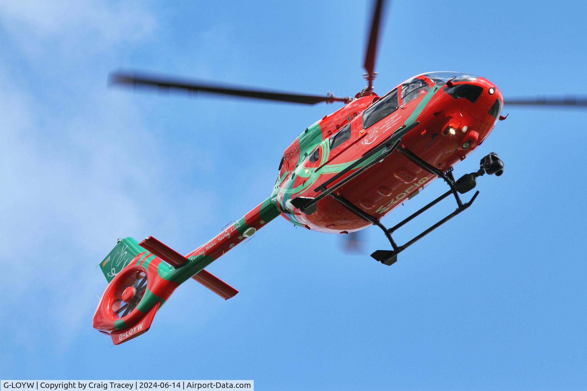 G-LOYW, 2016 Airbus Helicopters H-145 (BK-117D-2) C/N 20086, Wales air ambulance G-LOYW leaving the Royal Stoke Hospital