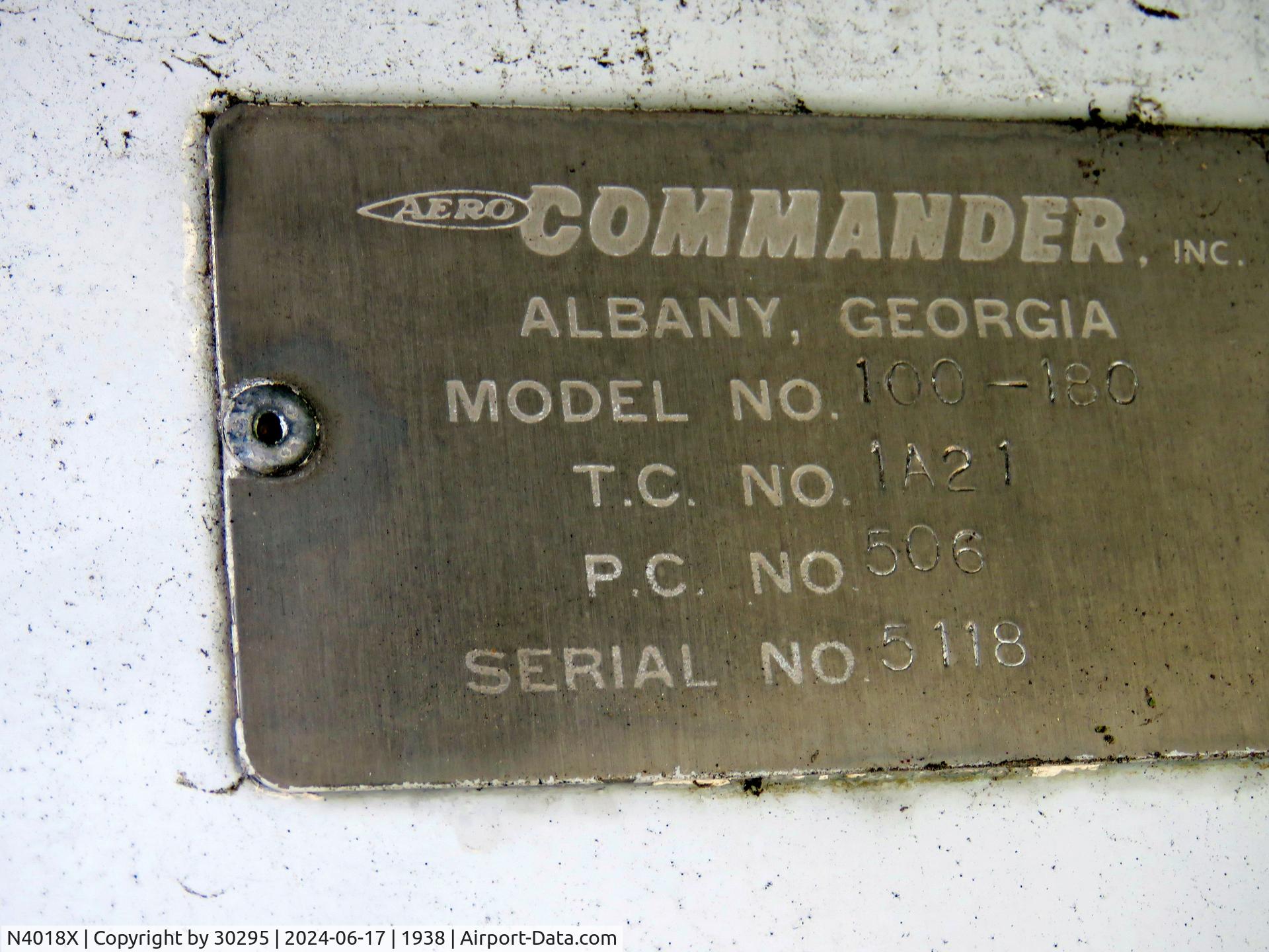 N4018X, 1969 Aero Commander 100-180 Lark Commander C/N 5118, ID Plate