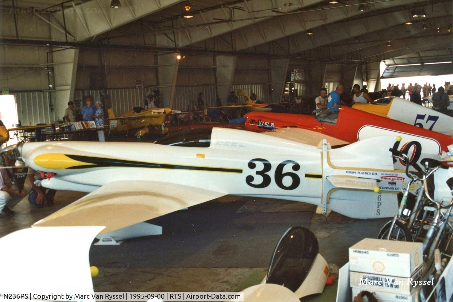 N236PS, 1995 Myers Stephen KELLY F1D C/N 002, Race #36  N236PS was flown by Steve Meyers in the Formula One class during the Reno Air Races in Sept 1995.