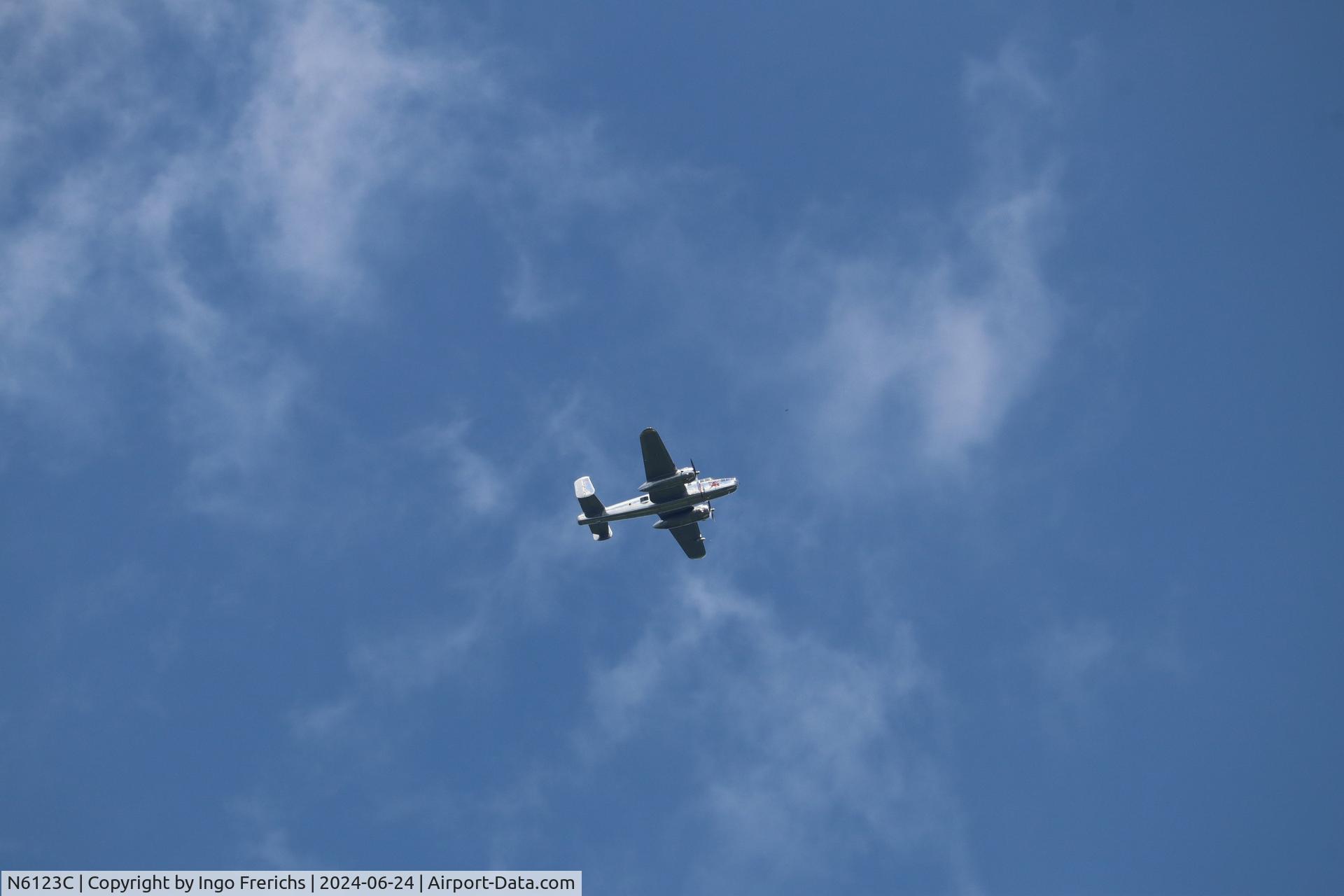 N6123C, 1945 North American B-25J-30-NC Mitchell Mitchell C/N 108-47647, Red Bull's B-25J Mitchell flying over Karlsruhe on its way from Northampton via Manston back home to Salzburg.