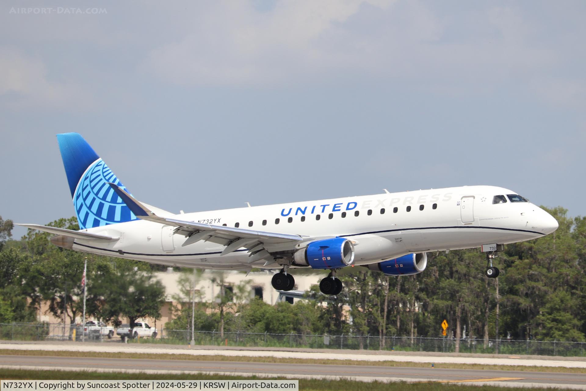 N732YX, 2015 Embraer 175LR (ERJ-170-200LR) C/N 17000521, United Flight 3286 operated by Republic arrives on Runway 6 at Southwest Florida International Airport following flight from Chicago-O’Hare International Airport