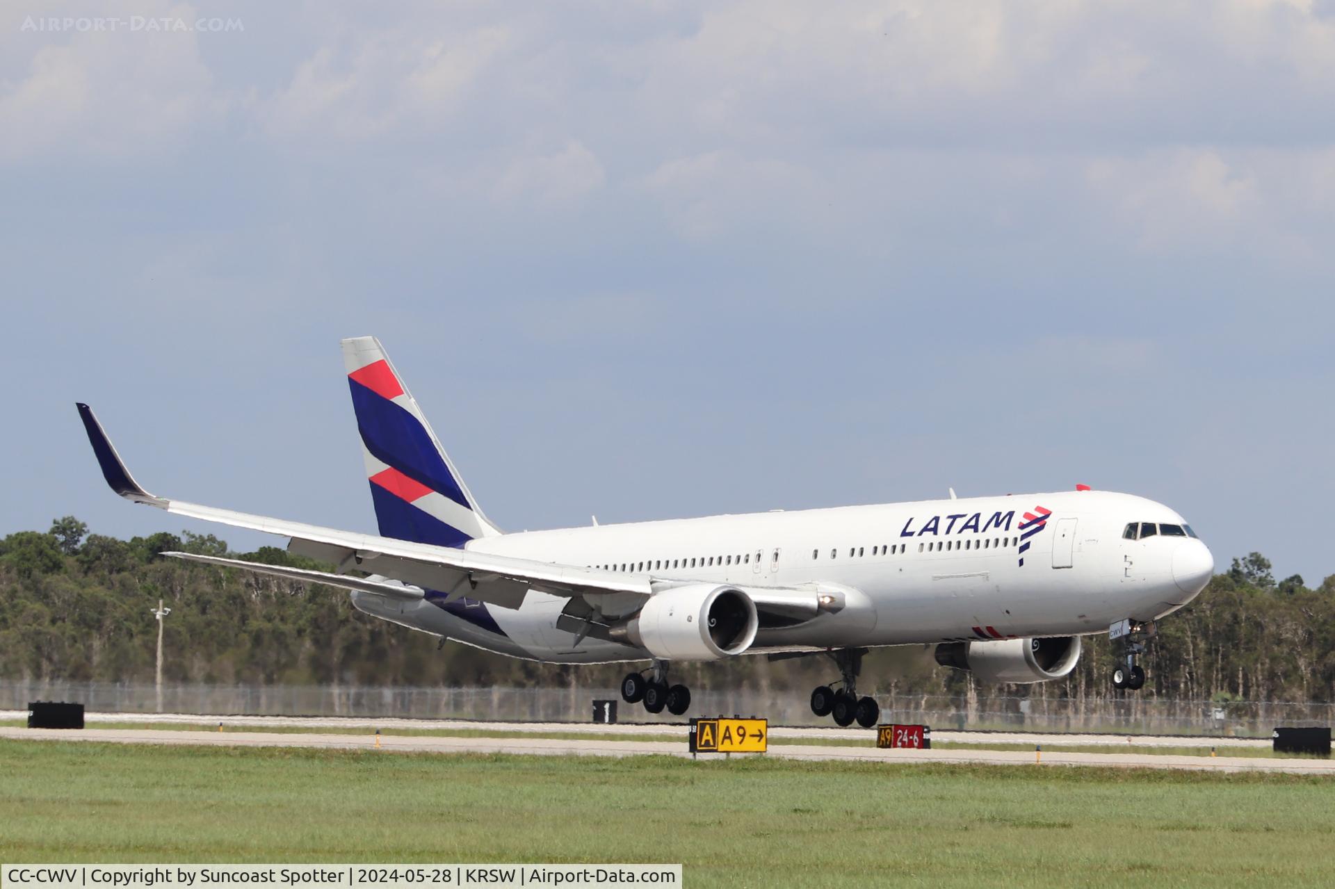 CC-CWV, 2007 Boeing 767-316/ER C/N 35230, LATAM Flight 2698 arrives on Runway 24 at Southwest Florida International Airport following a weather diversion on a flight from Jorge Chavez International Airport to Miami International Airport
