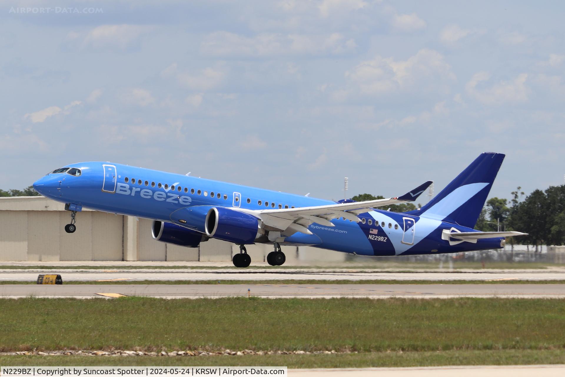 N229BZ, 2024 Airbus A220-371 C/N 55257, Breeze Flight 537 taxis at Southwest Florida International Airport prior to flight to Bradley International Airport