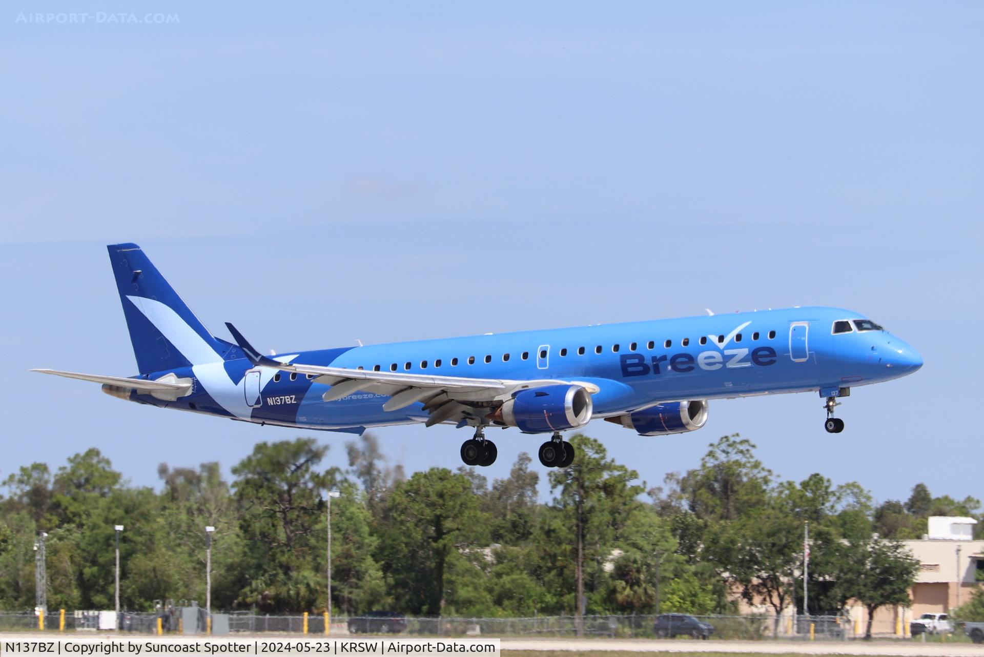 N137BZ, Embraer EMB 190-200LR C/N 19000196, Breeze Flight 470 arrives on Runway 6 at Southwest Florida International Airport following flight from Norfolk International Airport