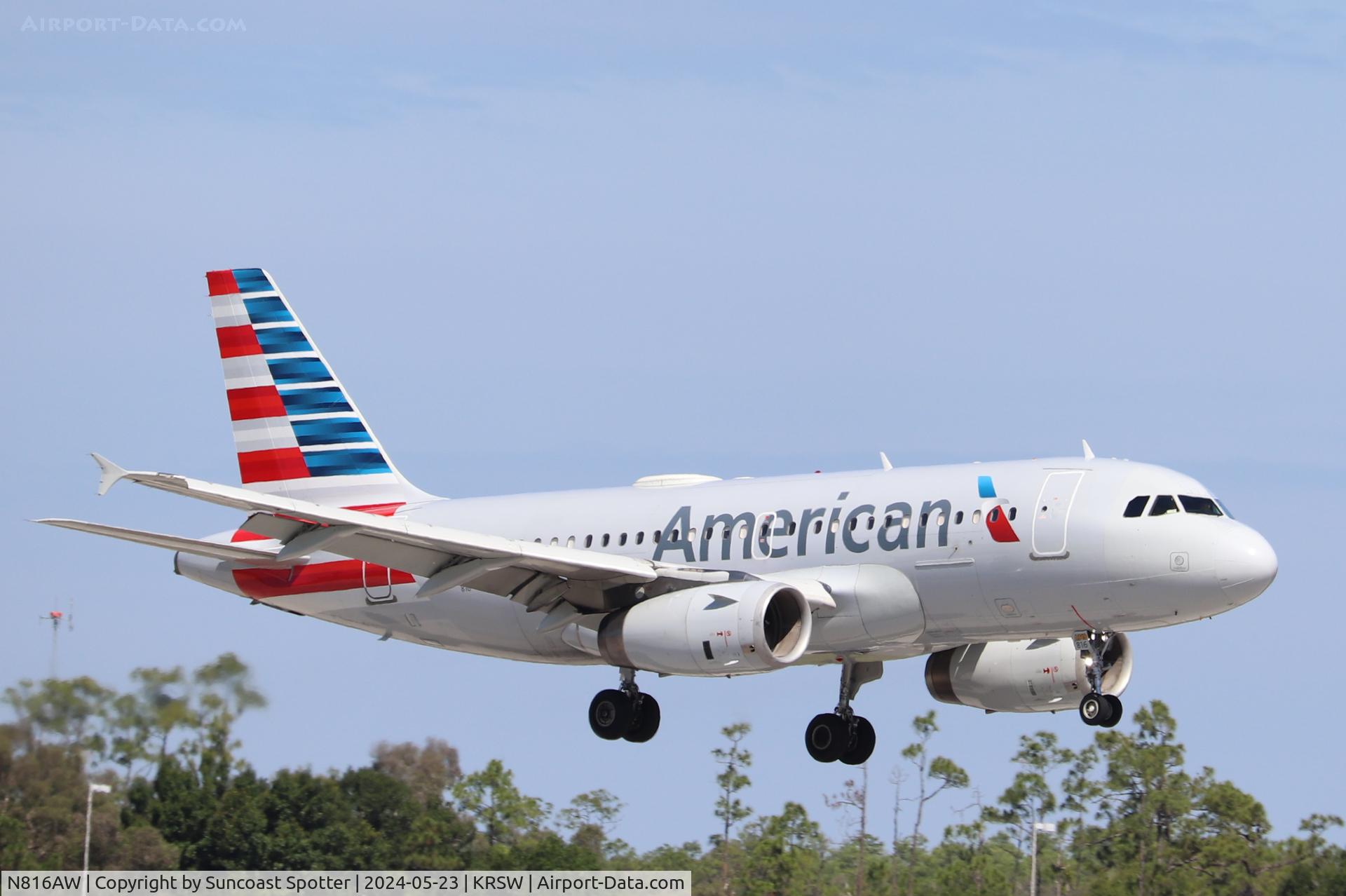 N816AW, 2000 Airbus A319-132 C/N 1350, American Flight 2019 arrives on Runway 6 at Southwest Florida International Airport following flight from Reagan National Airport