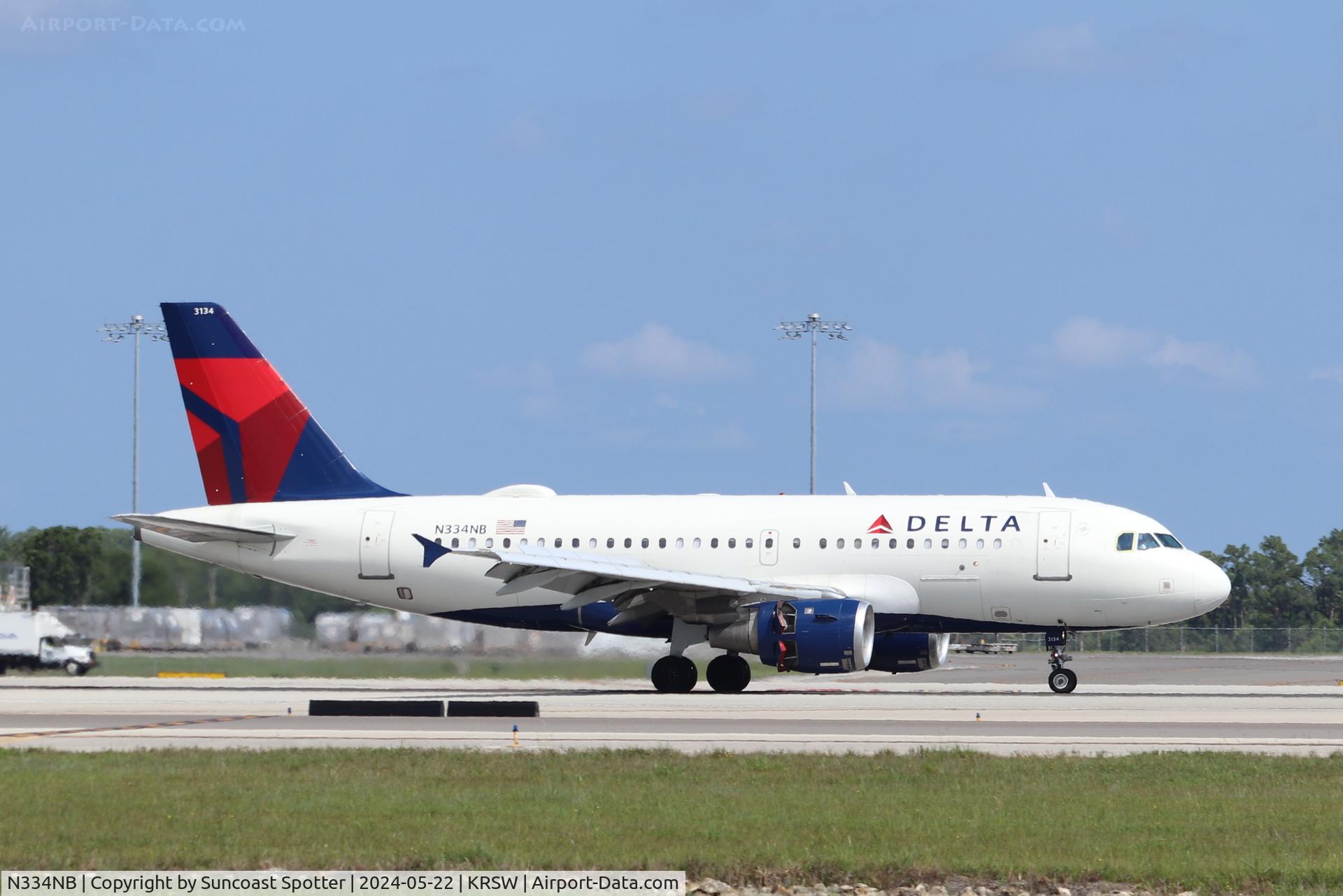 N334NB, 2002 Airbus A319-114 C/N 1659, Delta Flight 1214 arrives on Runway 6 at Southwest Florida International Airport following flight from LaGuardia Airport