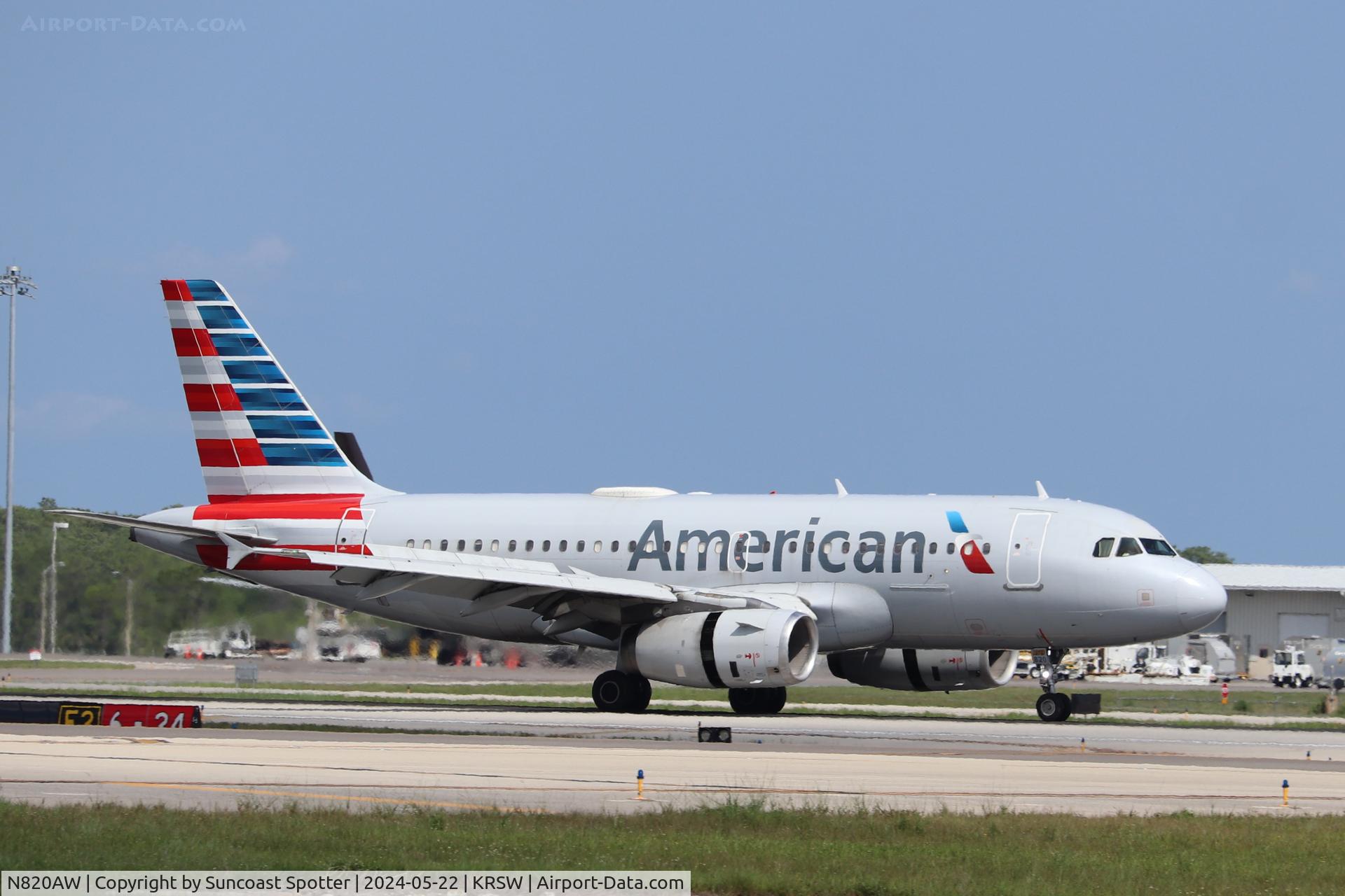 N820AW, 2000 Airbus A319-132 C/N 1397, American Flight 2019 arrives on Runway 6 at Southwest Florida International Airport following flight from Reagan National Airport
