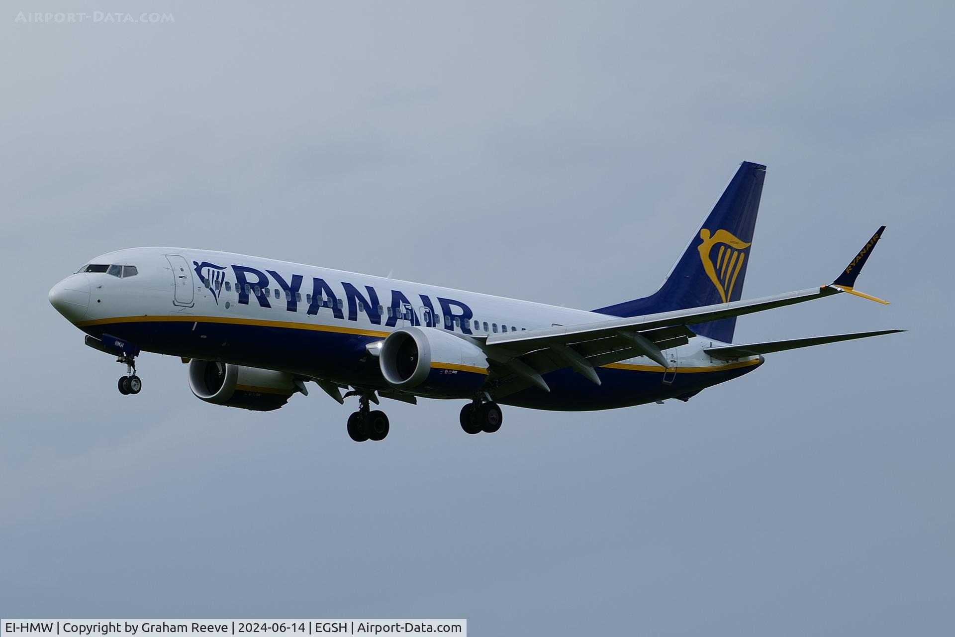 EI-HMW, 2022 Boeing 737-8-200 MAX C/N 65891, Landing at Norwich.