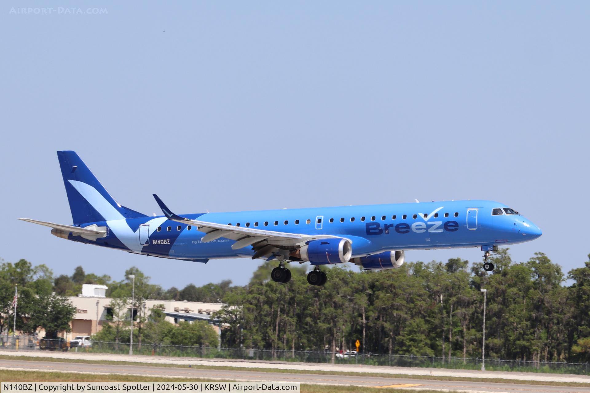 N140BZ, 2009 Embraer ERJ 190-200LR (ERJ-195) C/N 19000245, Breeze Flight 470 arrives on Runway 6 at Southwest Florida International Airport following flight from Norfolk International Airport
