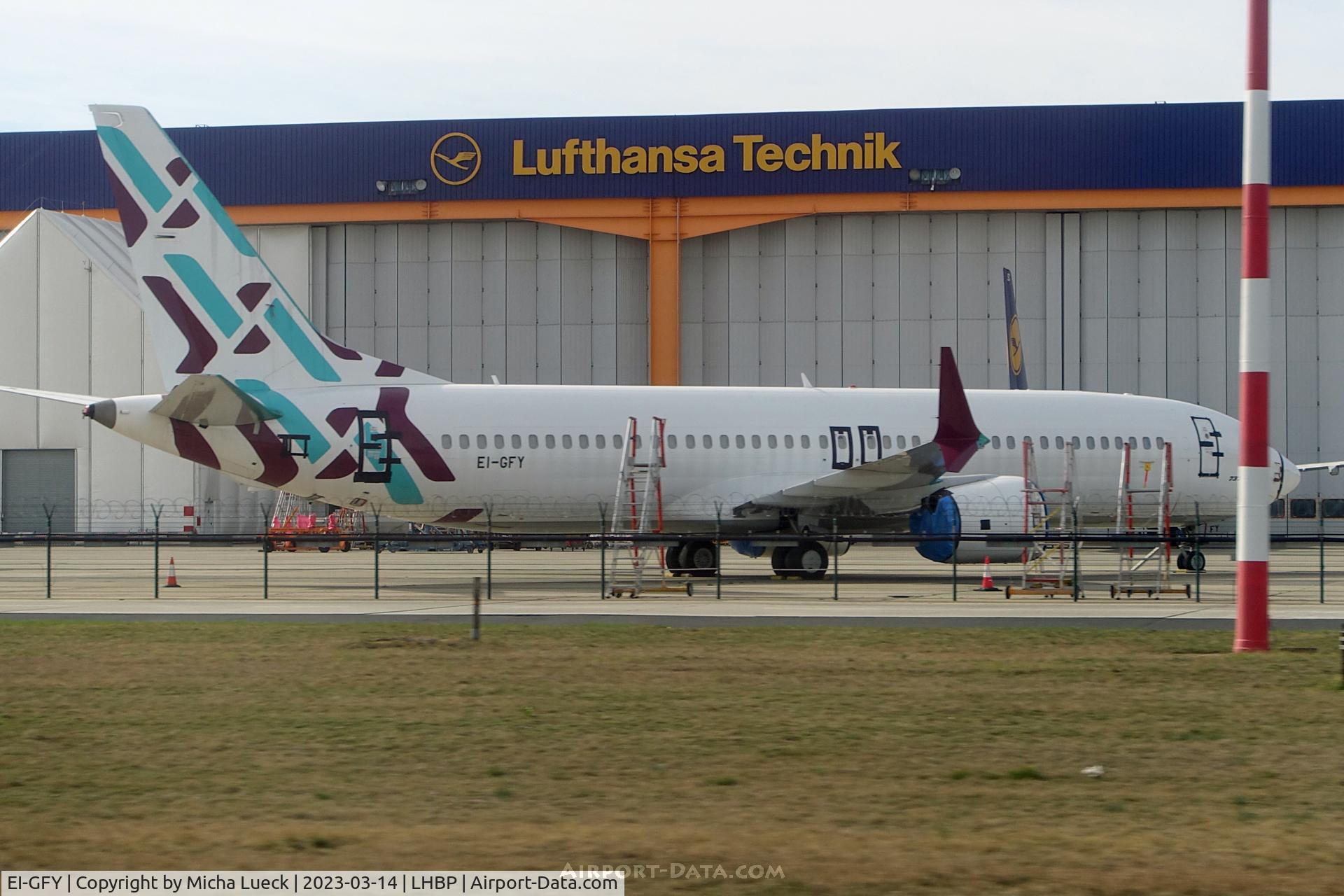 EI-GFY, 2018 Boeing 737-8 MAX C/N 64605, At Budapest. Air Italy titles removed, since sadly the airline ceased operations in February 2020.