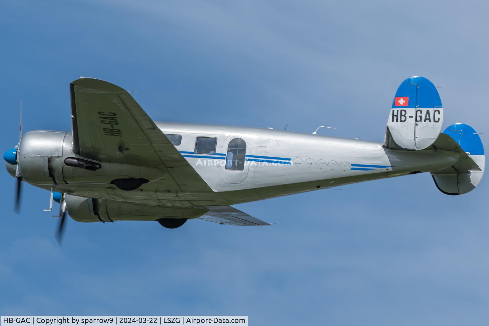 HB-GAC, 1944 Beech C-45 Expeditor C/N 8362, Flying again since 2020-07-15. HB-registered from 1957-05-25 until 1969-01-15, 1972-07-19 until 1980-01-28 and again since 2018-10-04.