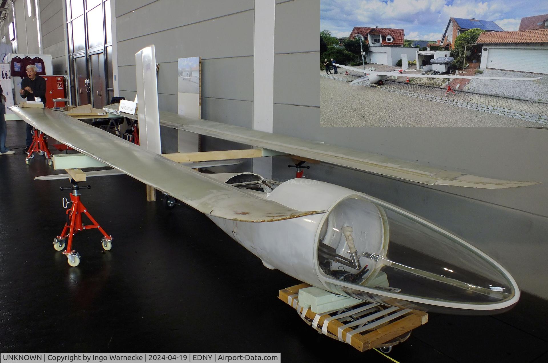 UNKNOWN, 2024 Arno Hoffmann Wabenflugzeugbau Spirit of Sabine C/N 01, Arno Hoffmann Wabenflugzeugbau Spirit of Sabine glider prototype (still incomplete, wings / tailplane dismounted, inset of a photograph by Mr. Hoffmann of completed airframe) at the AERO 2024, Friedrichshafen
