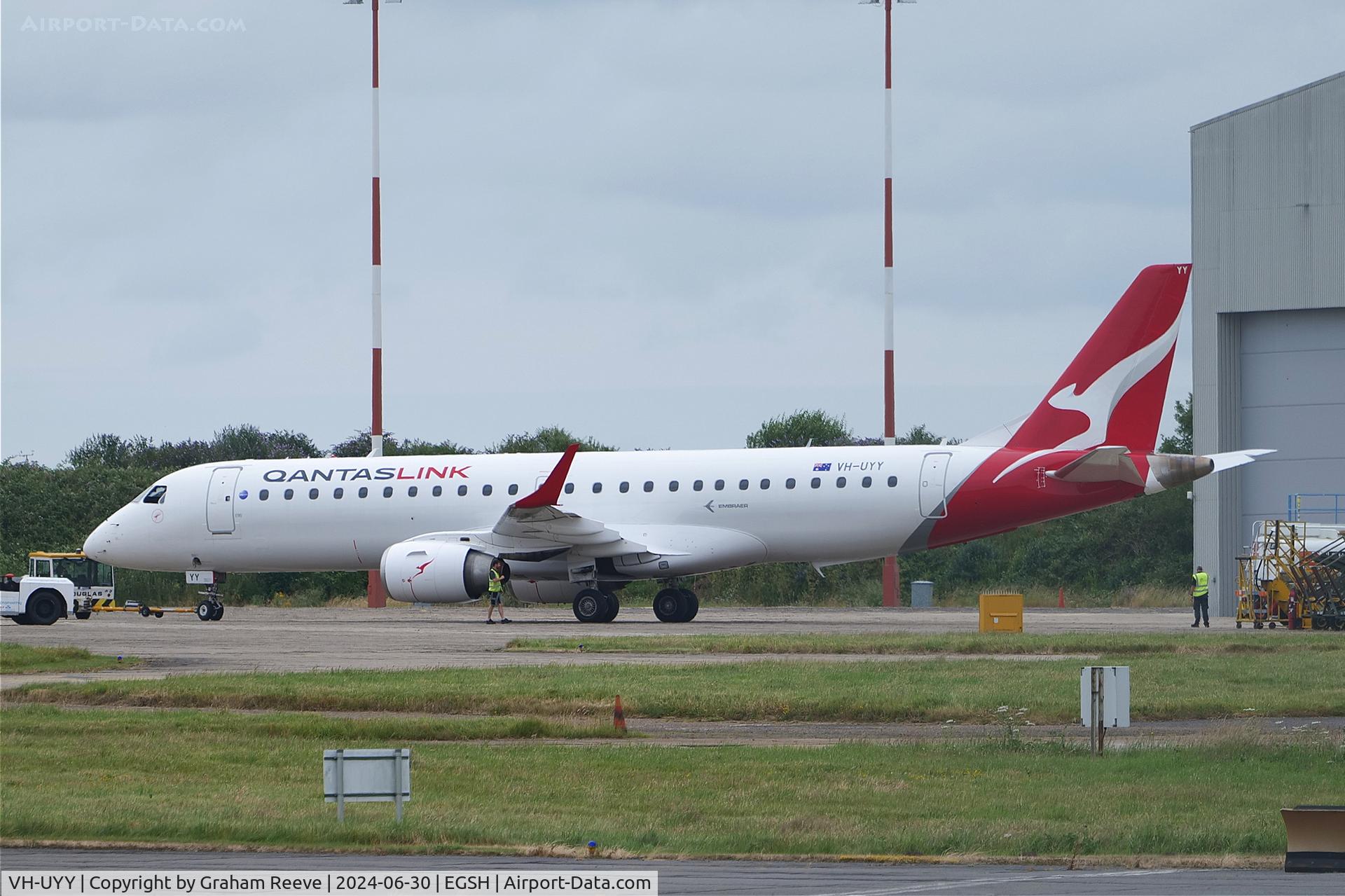 VH-UYY, 2008 Embraer 190AR (ERJ-190-100IGW) C/N 19000212, Under tow at Norwich.