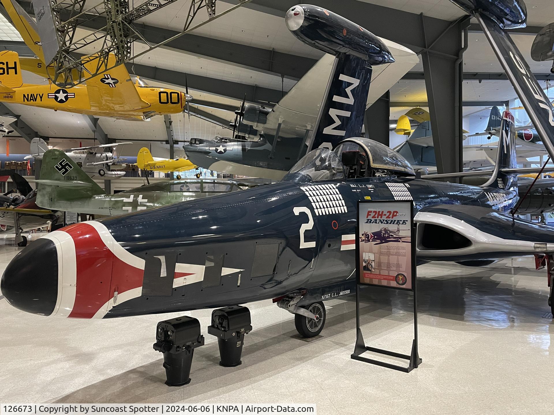 126673, McDonnell F2H-2P Banshee C/N Not found 126673, An US Marine Corps F2H Banshee from Marine Photographic Squadron 2 at Marine Corps Air Station Cherry Point sits on display at the National Naval Aviation Museum