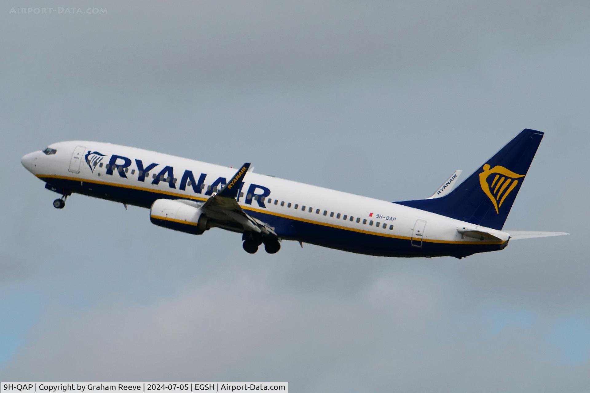 9H-QAP, 2014 Boeing 737-8AS C/N 44689, Departing from Norwich.