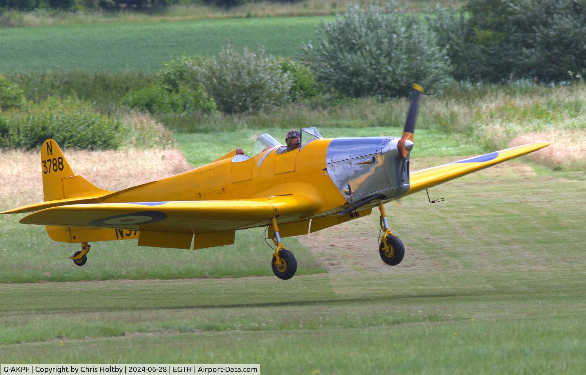 G-AKPF, 1941 Miles M14A Hawk Trainer 3 C/N 2228, Landing at Old Warden Airfield after practice display circuit for the Festival of Flight Airshow 2024