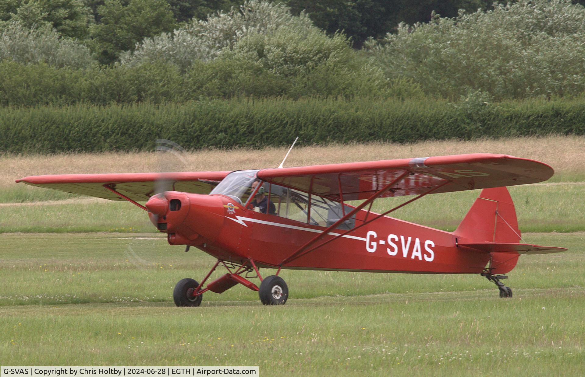 G-SVAS, 1961 Piper PA-18-150 Super Cub C/N 18-7605, Shuttleworth resident taxiing to park for the Festival of Flight Airshow at Old Warden