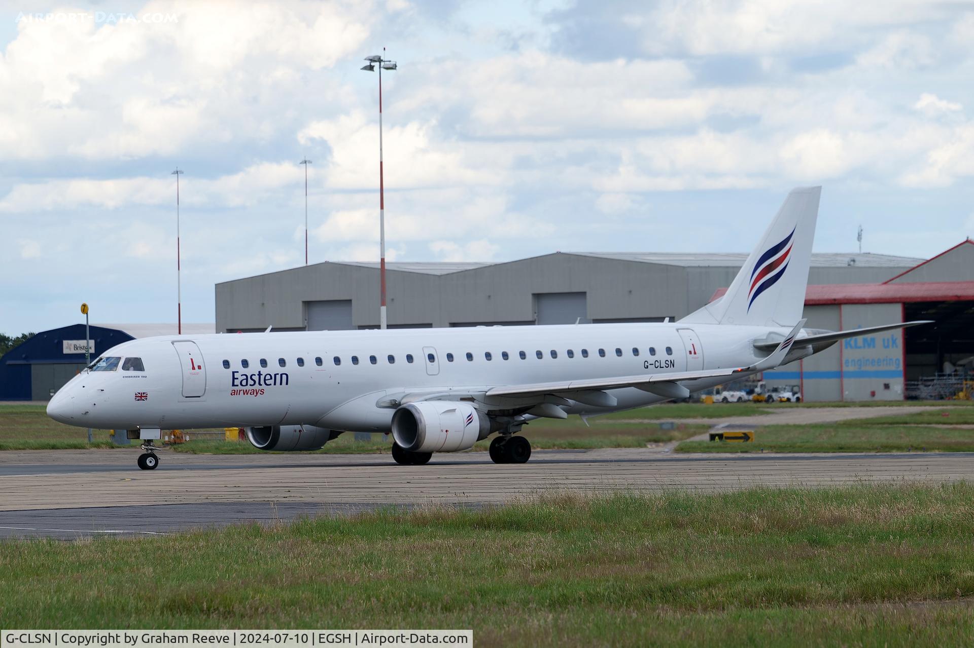 G-CLSN, 2007 Embraer 190LR (ERJ-190-100LR) C/N 19000130, Departing from Norwich.