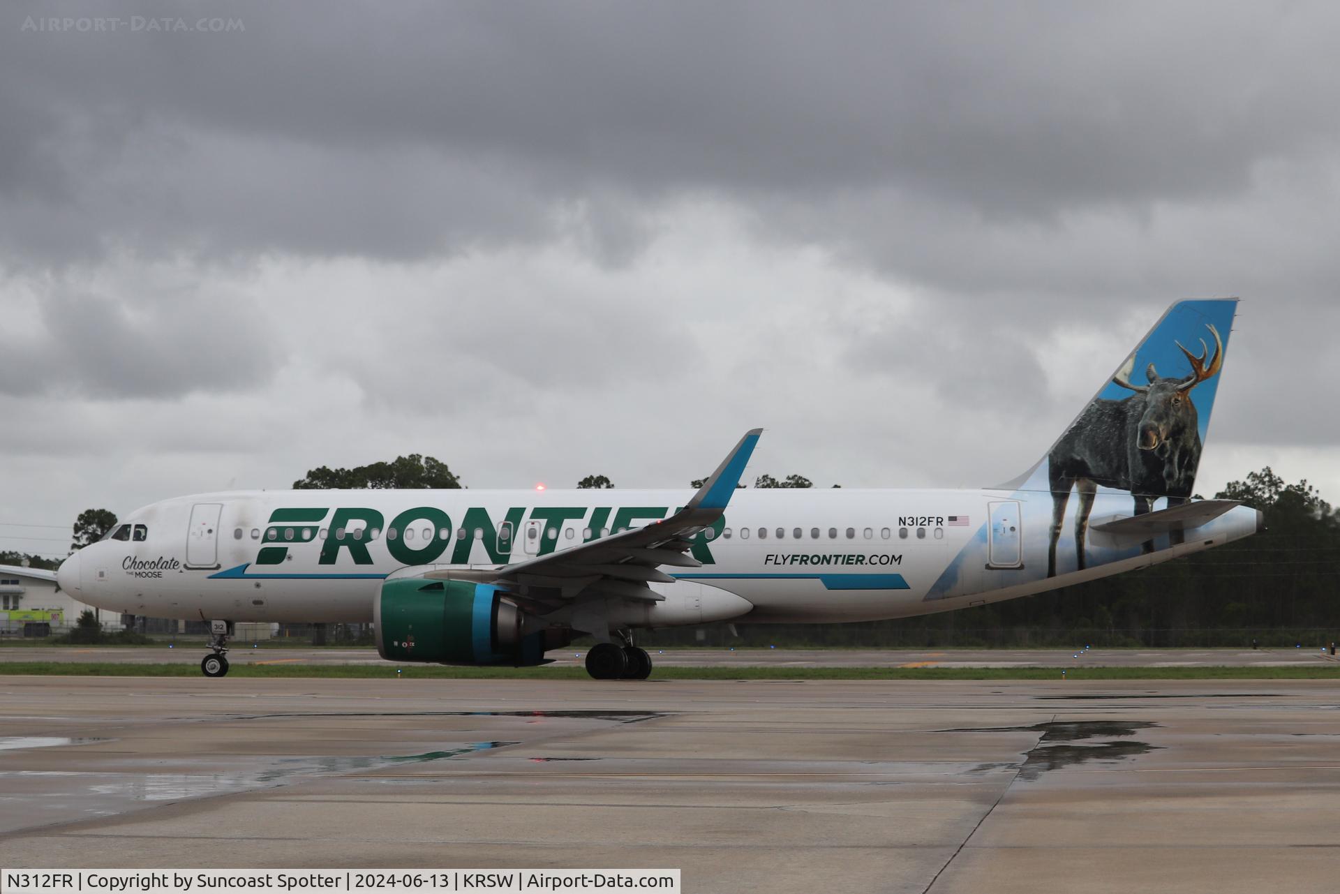 N312FR, 2017 Airbus A320-251N C/N 7768, Frontier Flight 1543 pushes back from the gate at Southwest Florida International Airport prior to flight to Cleveland-Hopkins International Airport