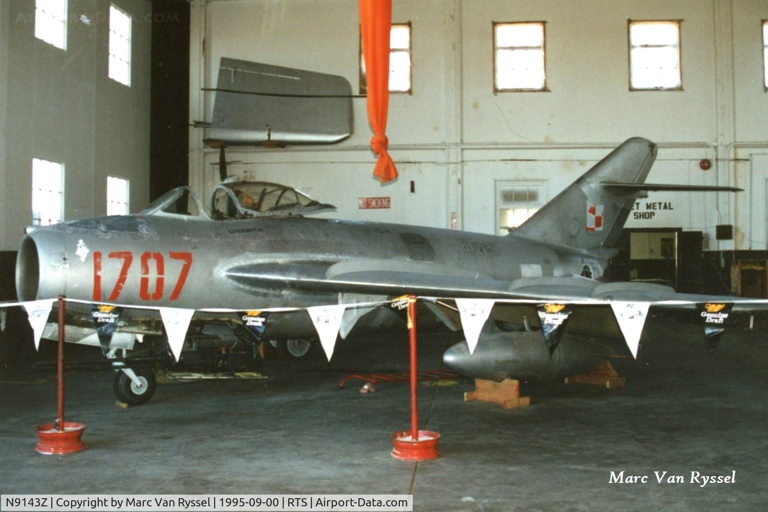 N9143Z, 1959 PZL-Mielec Lim-5 (MiG-17F) C/N 1C1707, Former Polish Air Force 1707 in maintenance by CIA Aviation at Reno Stead in Sept 1995.