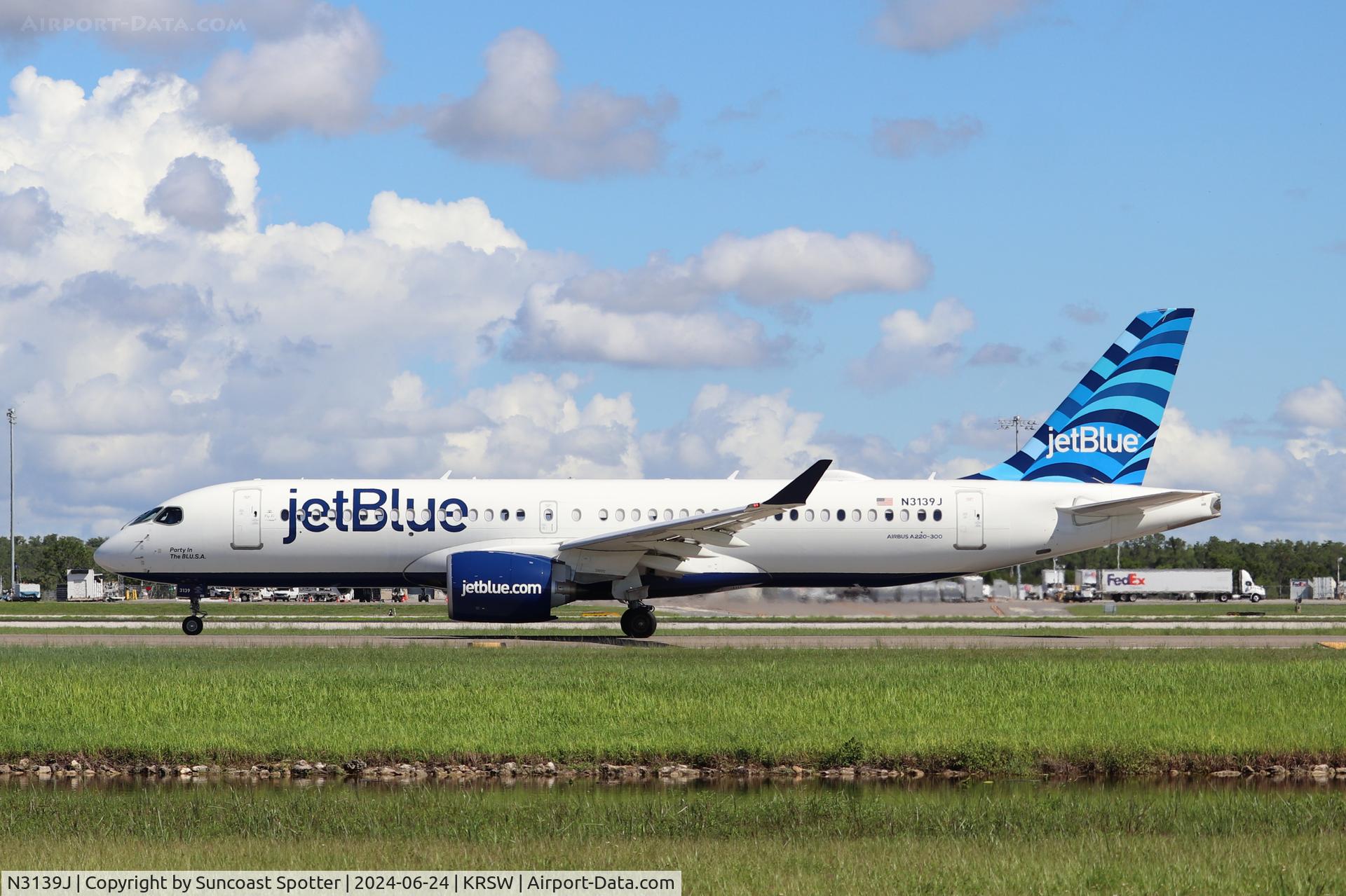 N3139J, 2023 Airbus A220-371 C/N 55234, JetBlue Flight 1530 taxis at Southwest Florida International Airport following prior to flight to John F Kennedy International Airport