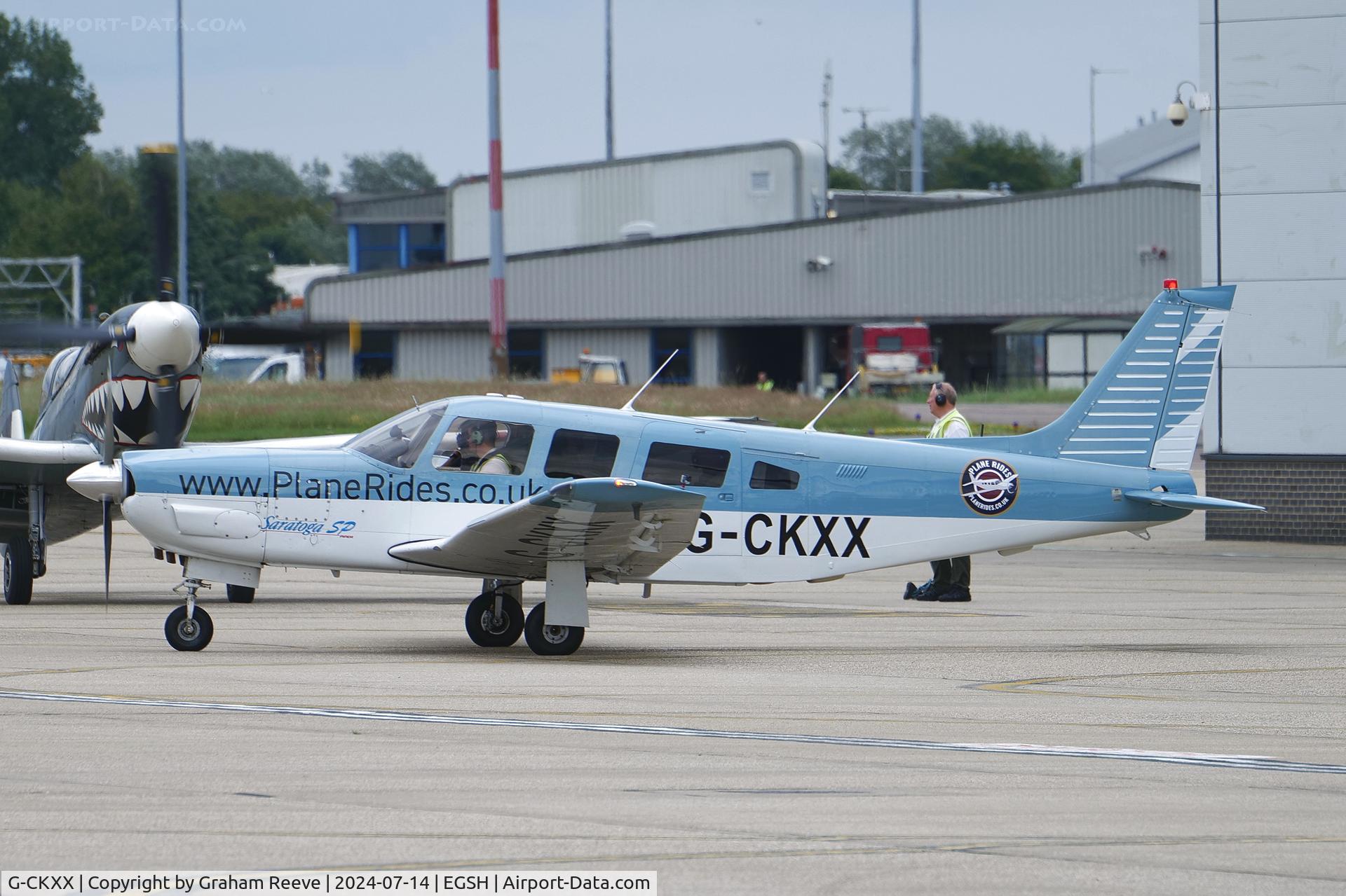 G-CKXX, 1988 Piper PA-32R-301 Saratoga II HP C/N 3213016, Departing from Norwich.