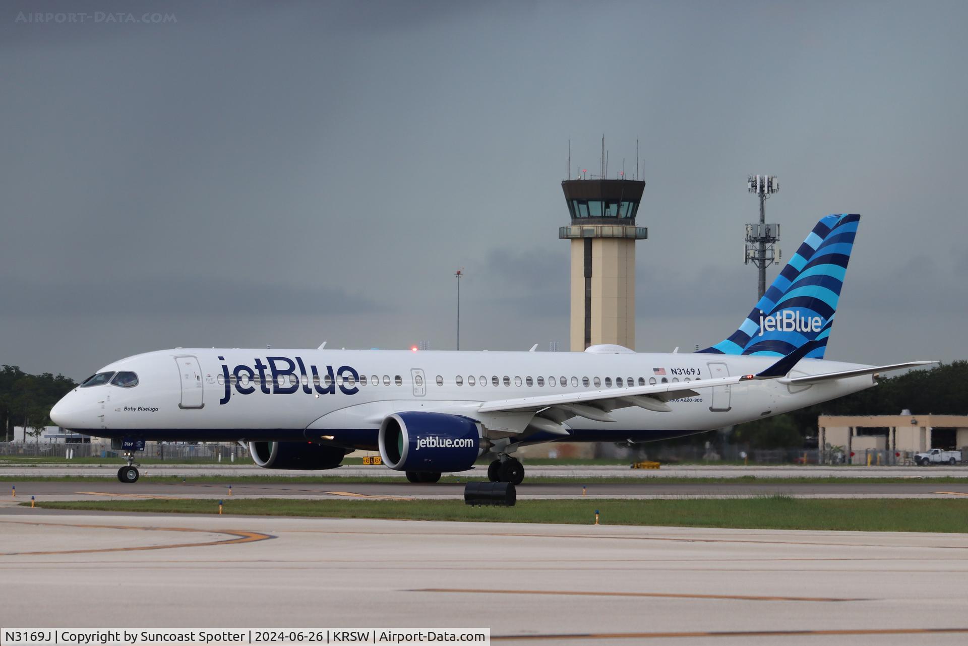 N3169J, 2024 Airbus A220-371 C/N 55267, JetBlue Flight 1529 taxis to gate at Southwest Florida International Airport following flight from John F Kennedy International Airport