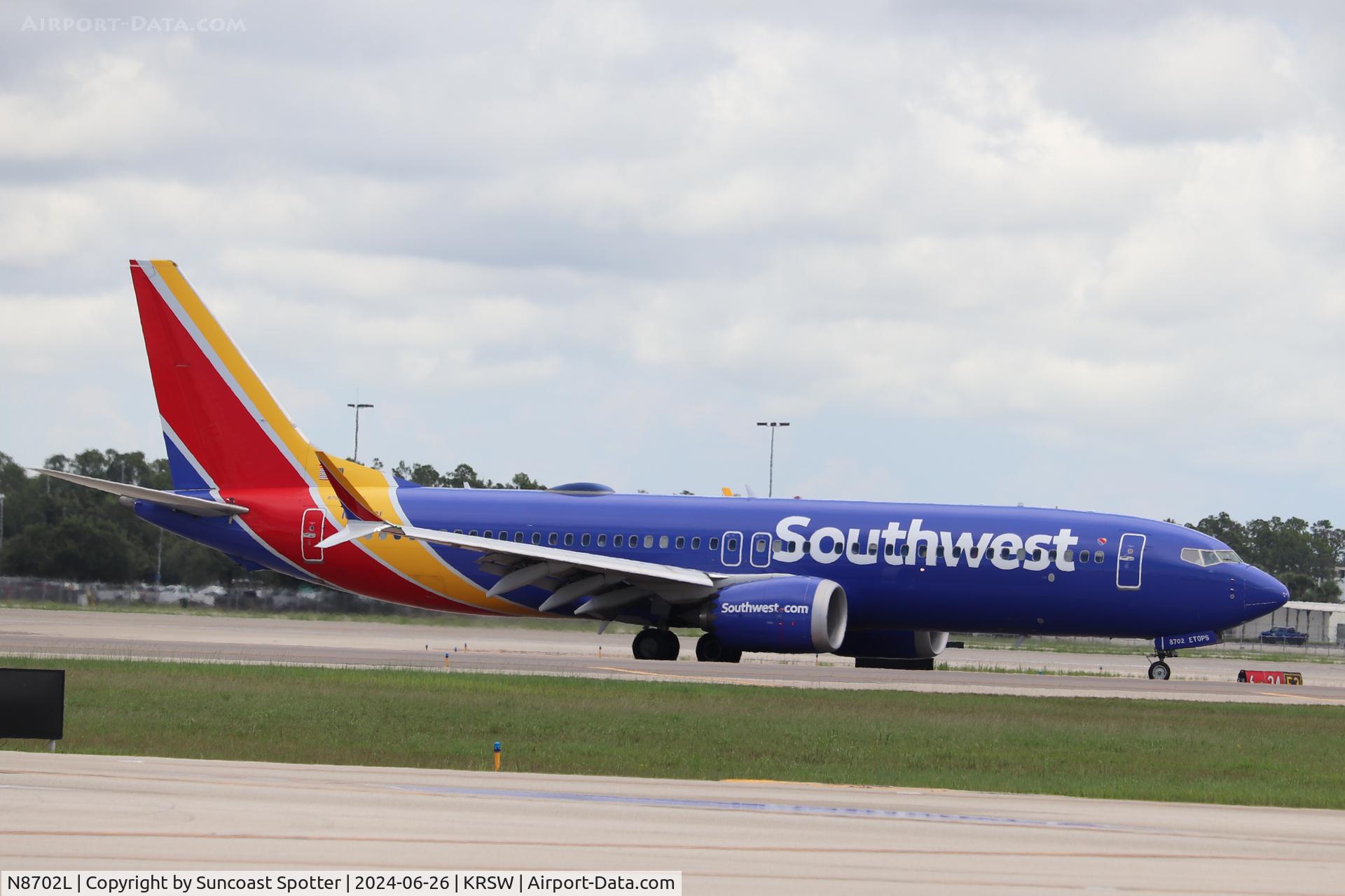 N8702L, 2016 Boeing 737-8 MAX C/N 36989, Southwest Flight 2176 taxis to the gate at Southwest Florida International Airport following flight from Indianapolis International Airport