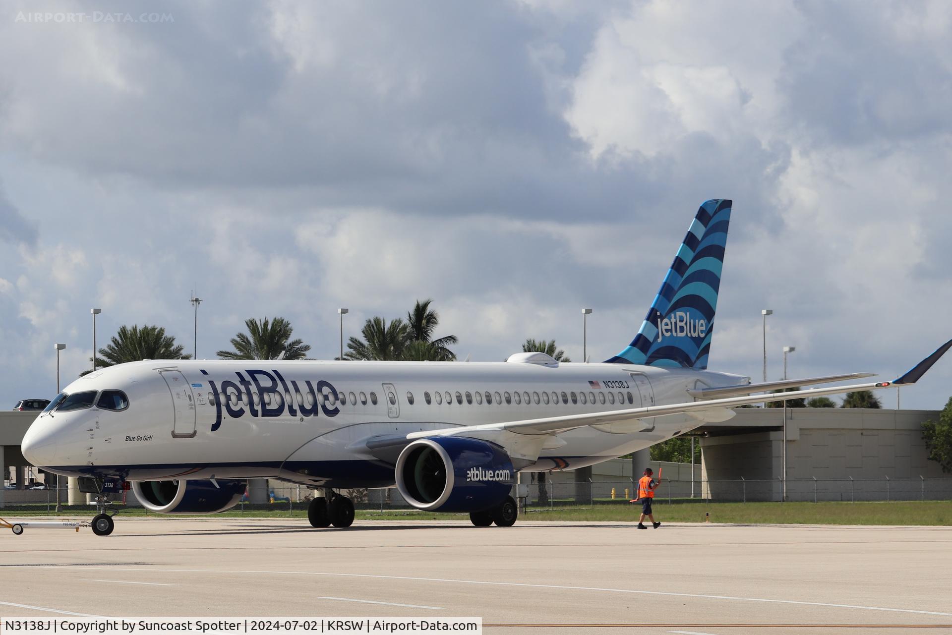 N3138J, 2023 Airbus Airbus A220-371 C/N 55222, JetBlue Flight 1530 pushes back from the gate at Southwest Florida International Airport prior to flight to John F Kennedy International Airport