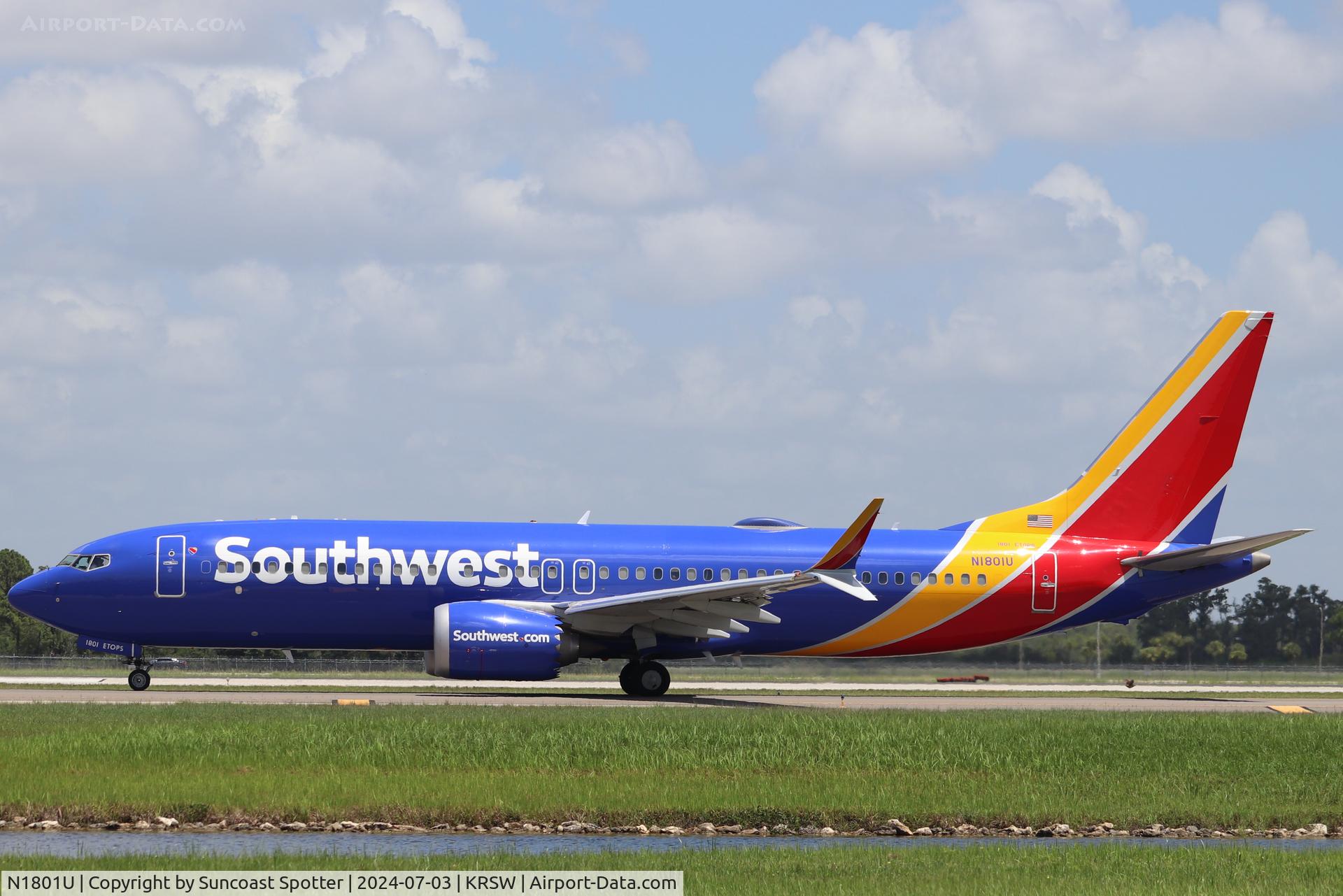 N1801U, 2019 Boeing 737 Max 8 C/N 60223, Southwest Flight 1521 taxis at Southwest Florida International Airport prior to flight to Pittsburgh International Airport