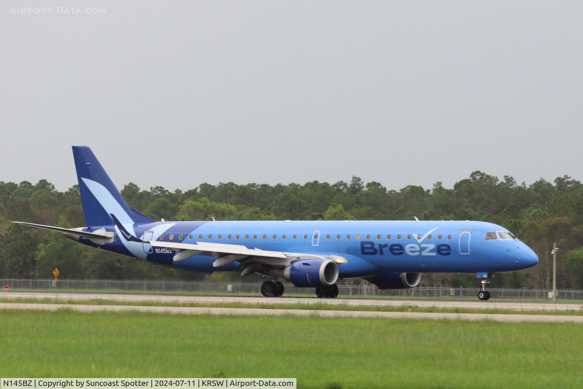 N145BZ, Embraer 195LR (ERJ-190-200LR) C/N 19000276, Breeze Flight 470 arrives at Southwest Florida International Airport following flight from Norfolk International Airport