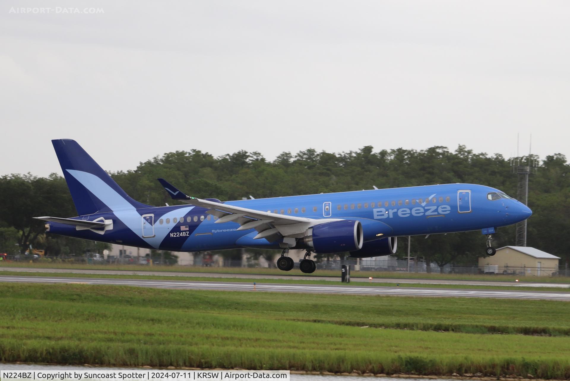 N224BZ, 2023 Airbus A220-371 C/N 55217, Breeze Flight 712 arrives at Southwest Florida International Airport following flight from TF Green Airport
