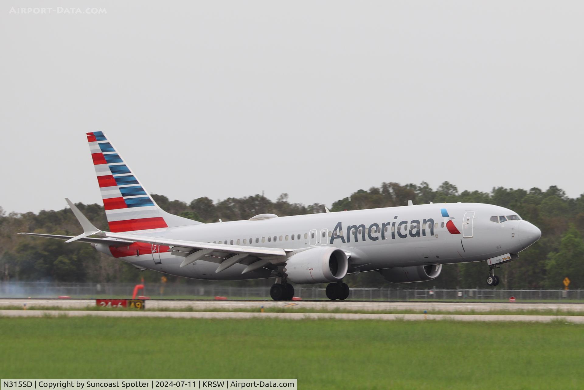 N315SD, 2020 Boeing 737 MAX 8 C/N 44470, American Flight 22 arrives at Southwest Florida International Airport following a weather diversion on a flight from Luis Munoz Marin International Airport to Miami International Airport