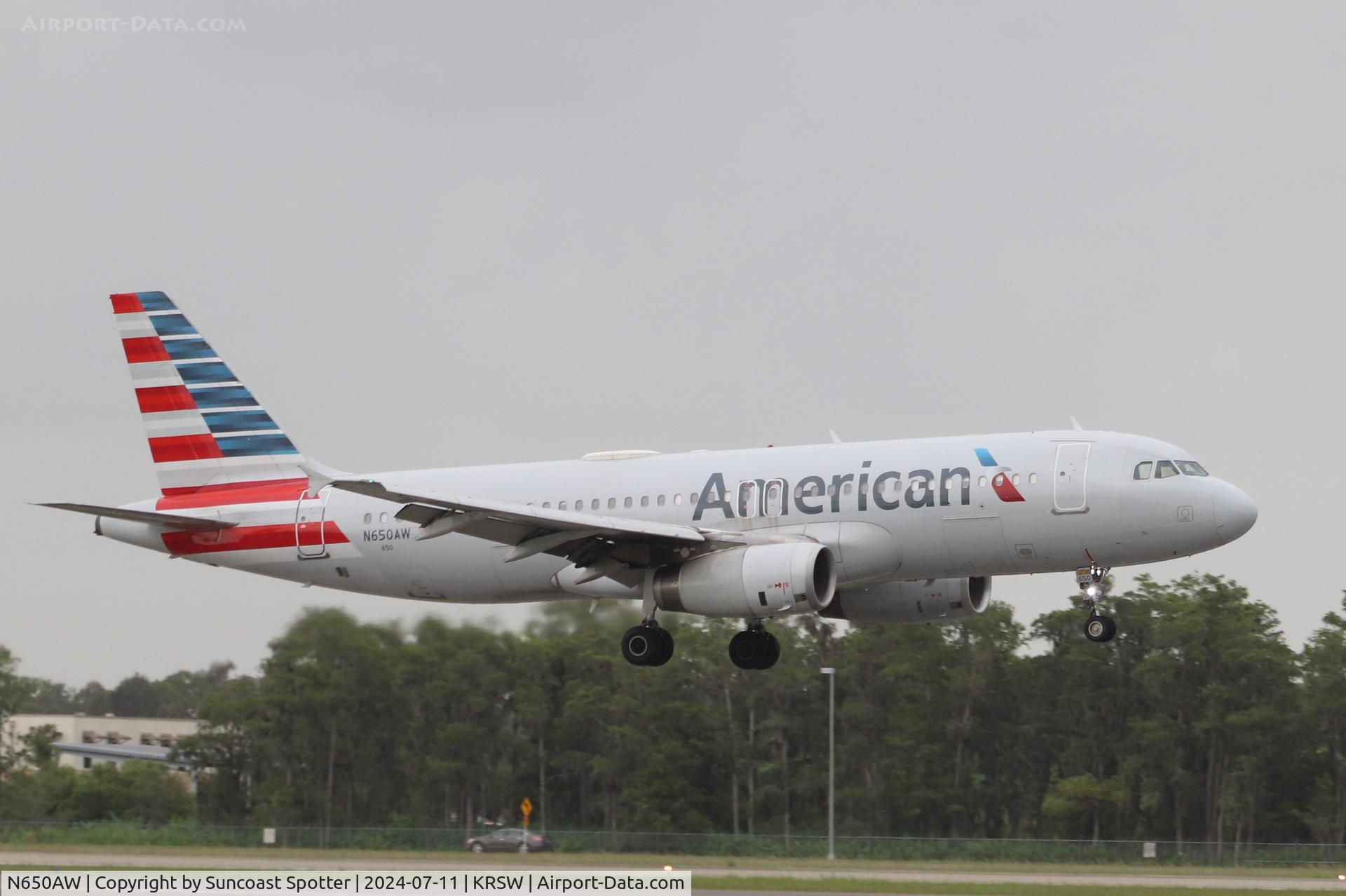 N650AW, 1998 Airbus A320-232 C/N 856, American Flight 2365 arrives at Southwest Florida International Airport following flight from Philadelphia International Airport