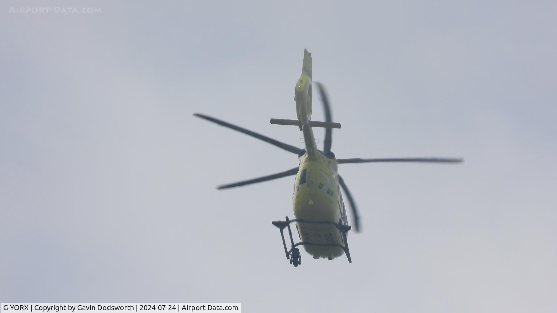 G-YORX, 2022 Airbus Helicopters EC145-T3 (BK-117D-3) C/N 21185, Transiting over Darlington whilst returning to RAF Topcliffe from the RVI in Newcastle.