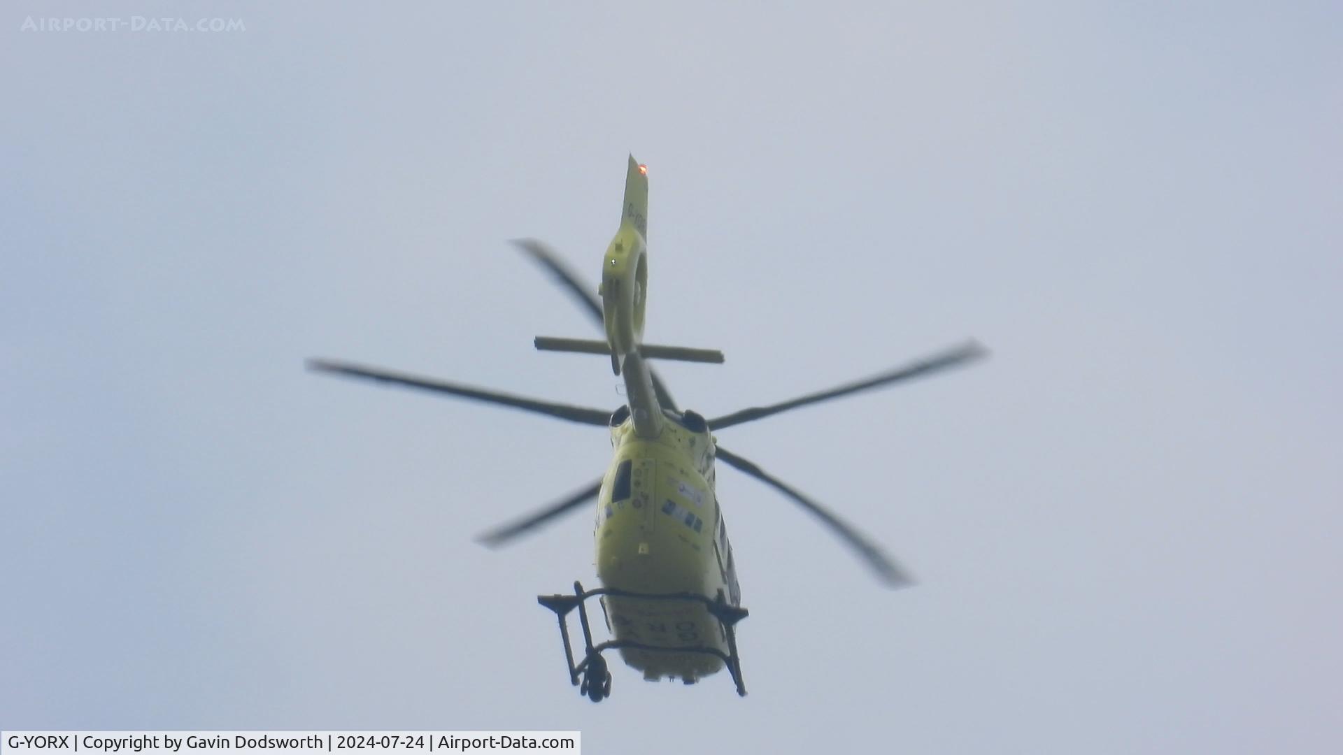 G-YORX, 2022 Airbus Helicopters EC145-T3 (BK-117D-3) C/N 21185, Transiting over Darlington whilst returning to RAF Topcliffe from the RVI in Newcastle.