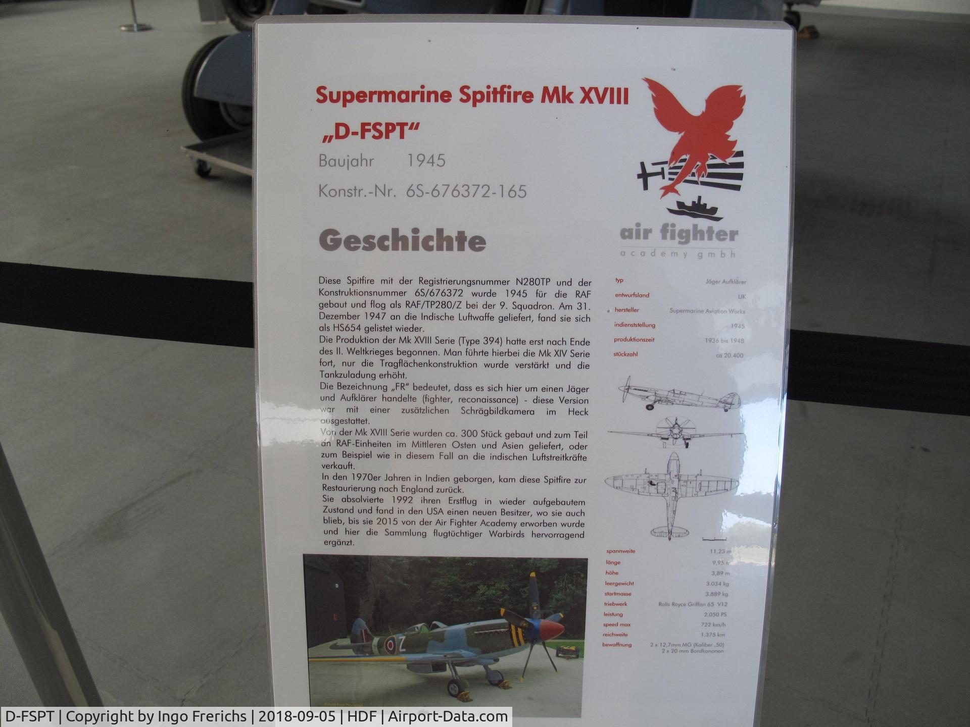 D-FSPT, 1945 Supermarine 359 Spitfire FR.XVIIIe C/N 6S/676372-165, D-FSPT TP280 in Hangar 10 at HDF/EDAH