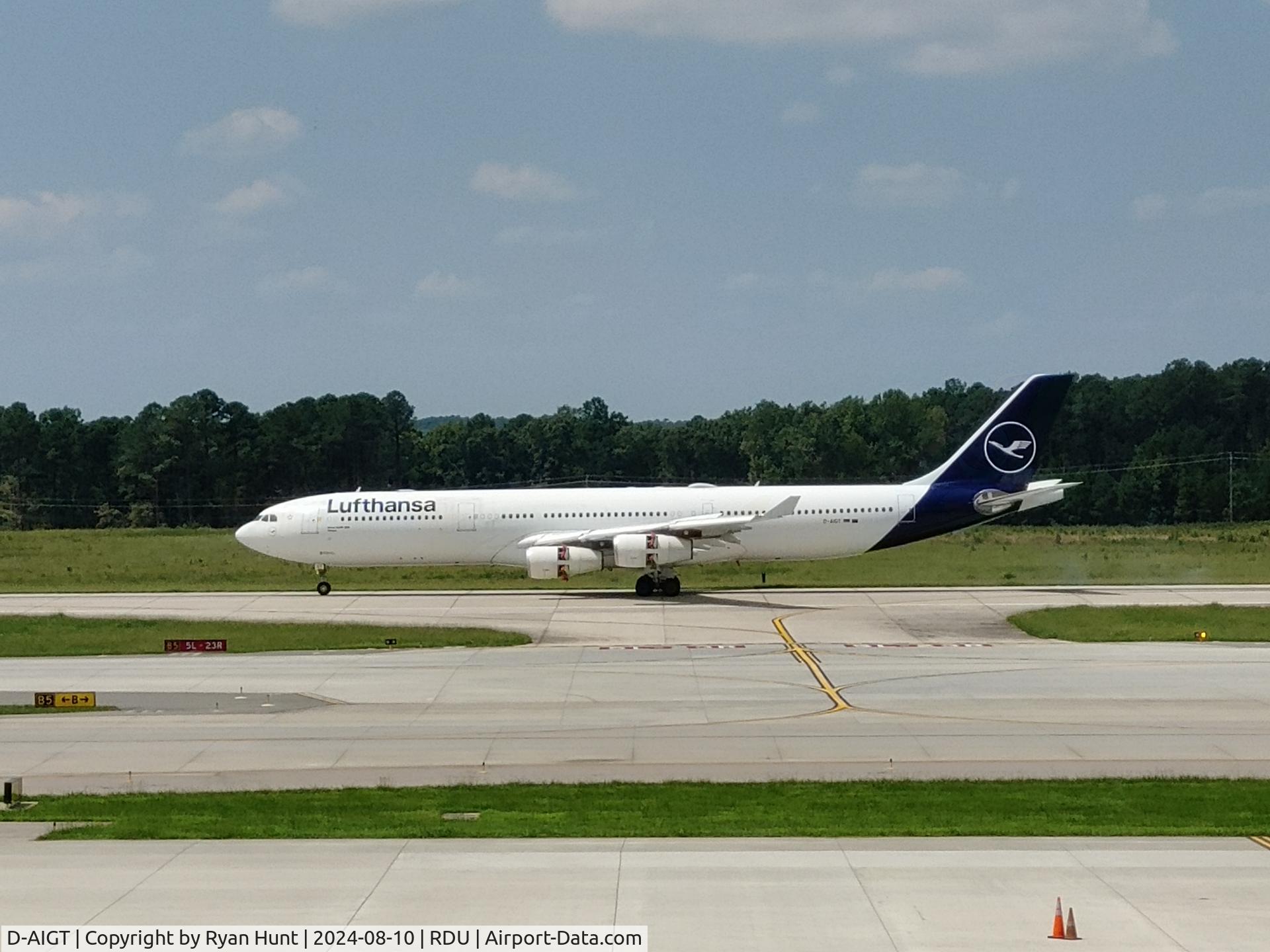 D-AIGT, 1999 Airbus A340-313 C/N 304, 4 engines 4 long haul! First visit of LH's A343 to RDU. Lufthansa 408 Heavy.