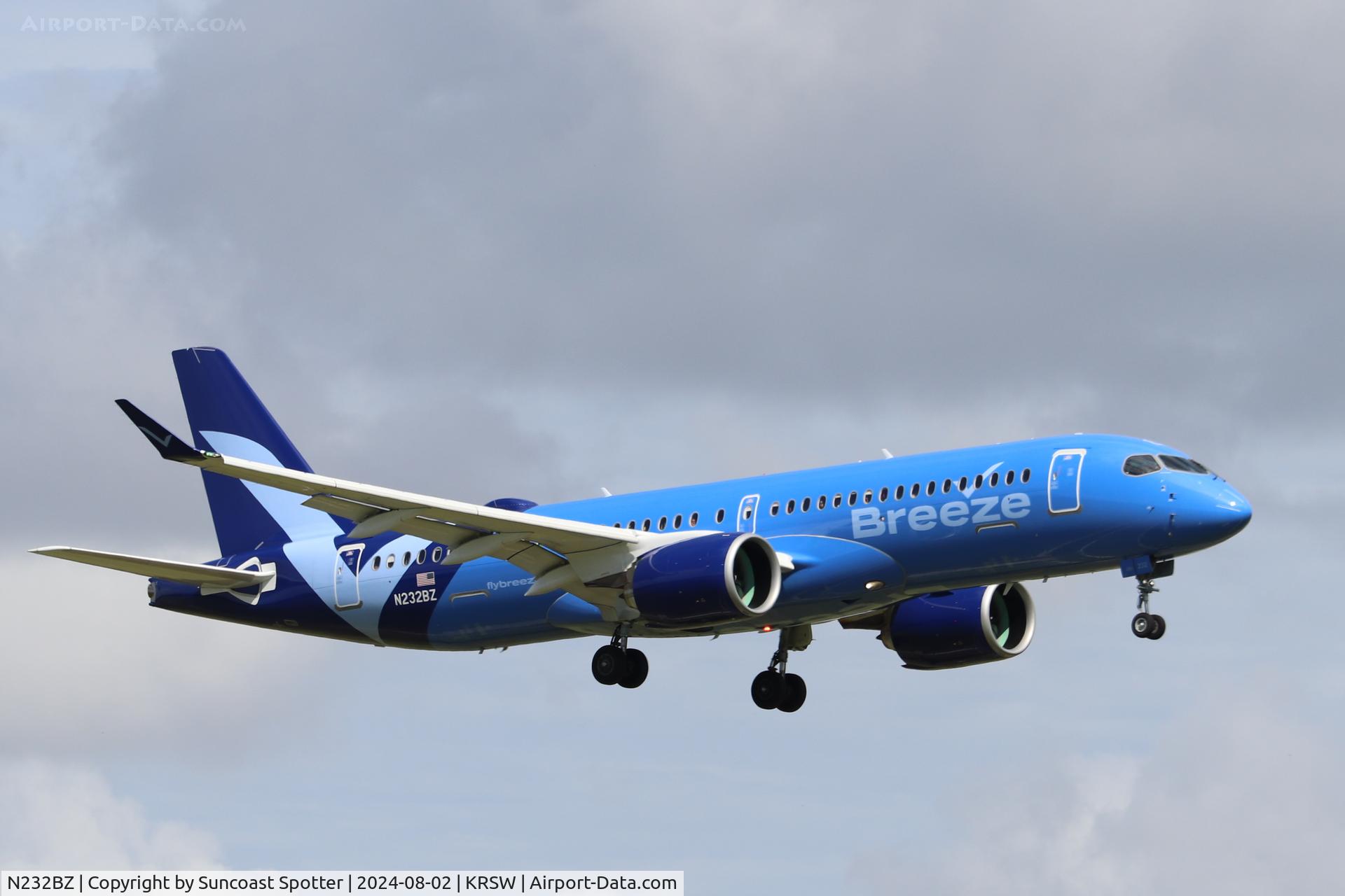 N232BZ, 2024 Airbus A220-371 C/N 55271, Breeze Flight 536 arrives at Southwest Florida International Airport following flight from Bradley International Airport