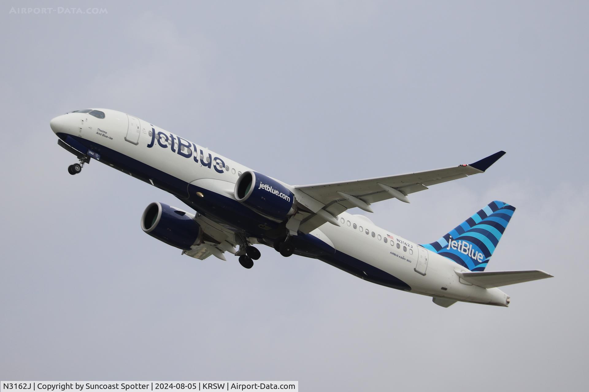 N3162J, 2024 Airbus A220-371 C/N 55265, JetBlue Flight 1530 departs Runway 24 at Southwest Florida International Airport enroute to John F Kennedy International Airport