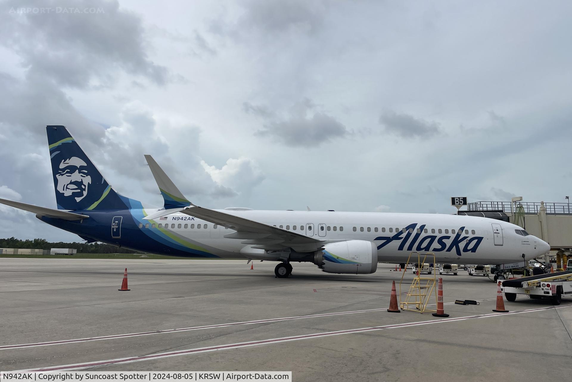 N942AK, 2022 Boeing 737 MAX 9 C/N 44102, Alaska Boeing 737 Max parked at Southwest Florida International Airport following a diversion from Tampa International as a result of Tropical Storm Debby