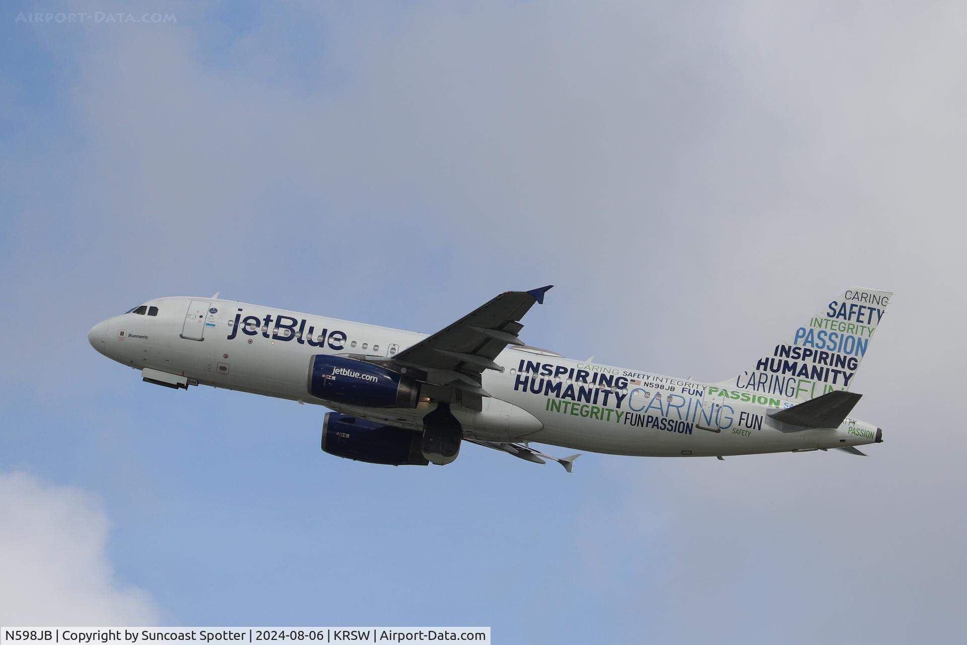 N598JB, 2004 Airbus A320-232 C/N 2314, JetBlue Flight 1552 departs Runway 24 at Southwest Florida International Airport enroute to Westchester County Airport