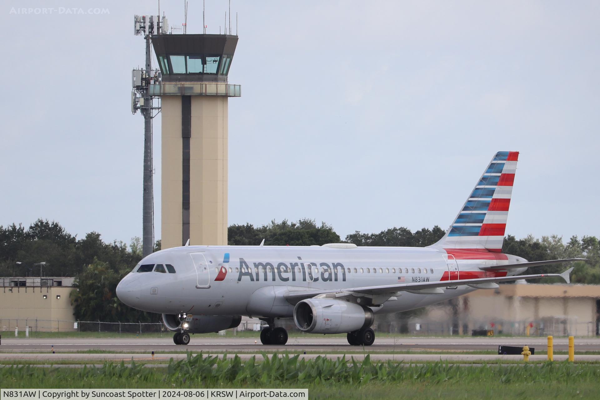 N831AW, 2001 Airbus A319-132 C/N 1576, American Flight 2019 arrives on Runway 24 at Southwest Florida International Airport following flight from Reagan National Airport