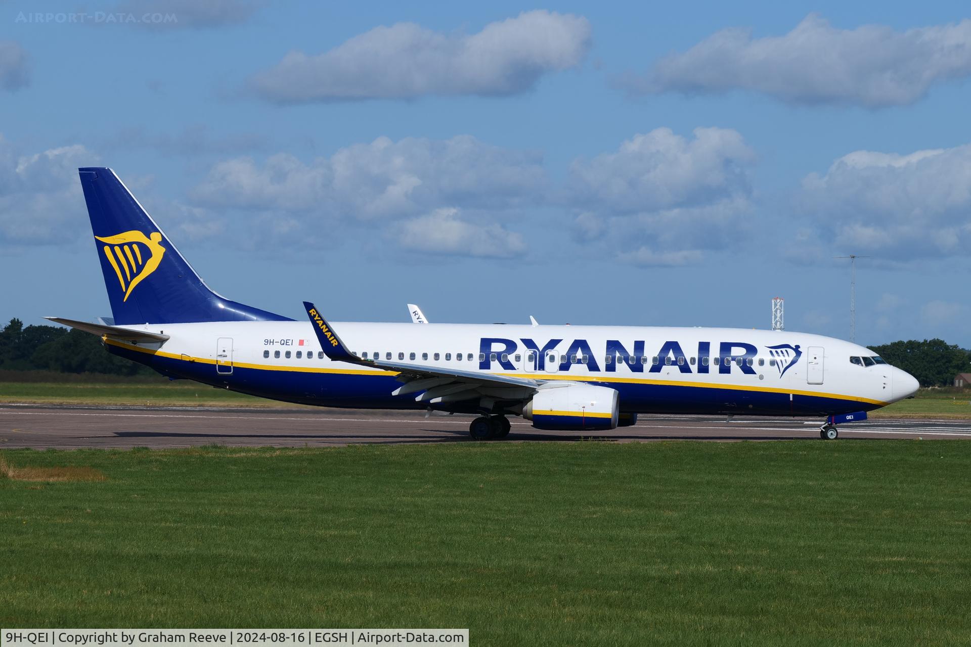 9H-QEI, 2018 Boeing 737-800 C/N 44828, Departing from Norwich.